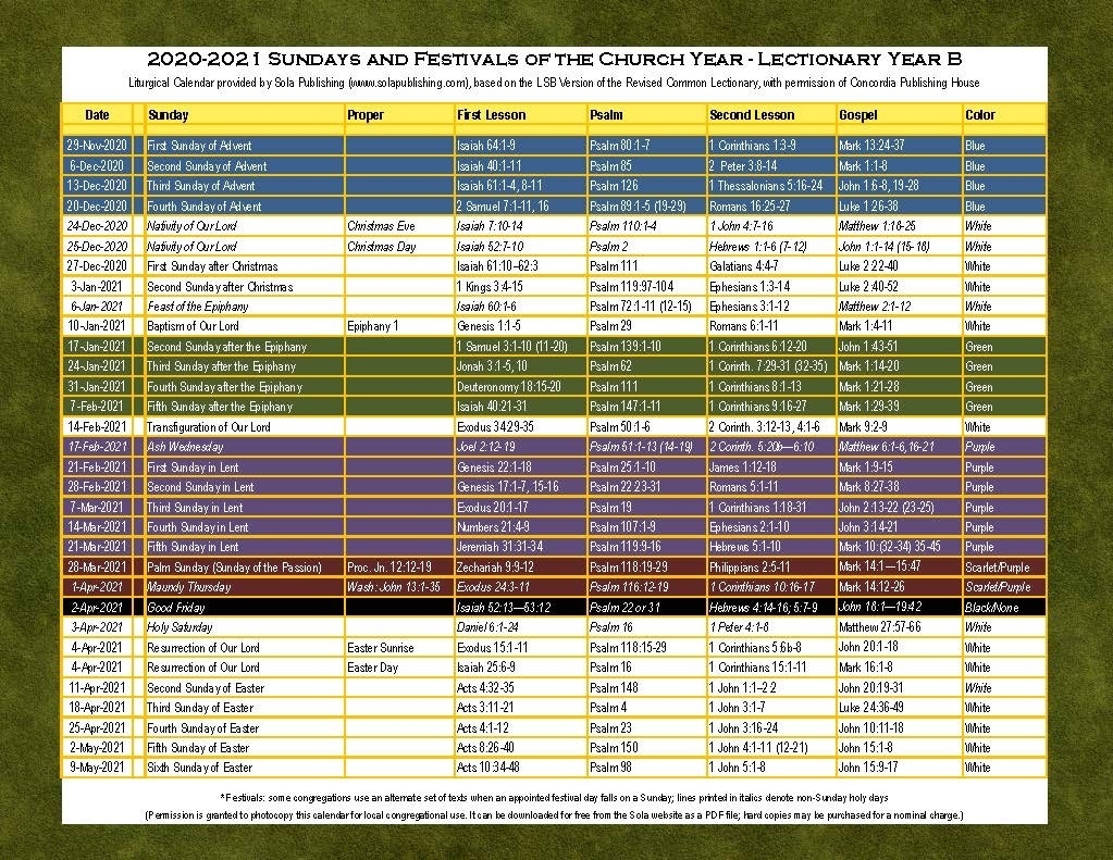 2021 Liturgical Calendar (Year B) K-2021 | Sola Publishing-Catholic Church Year 2021