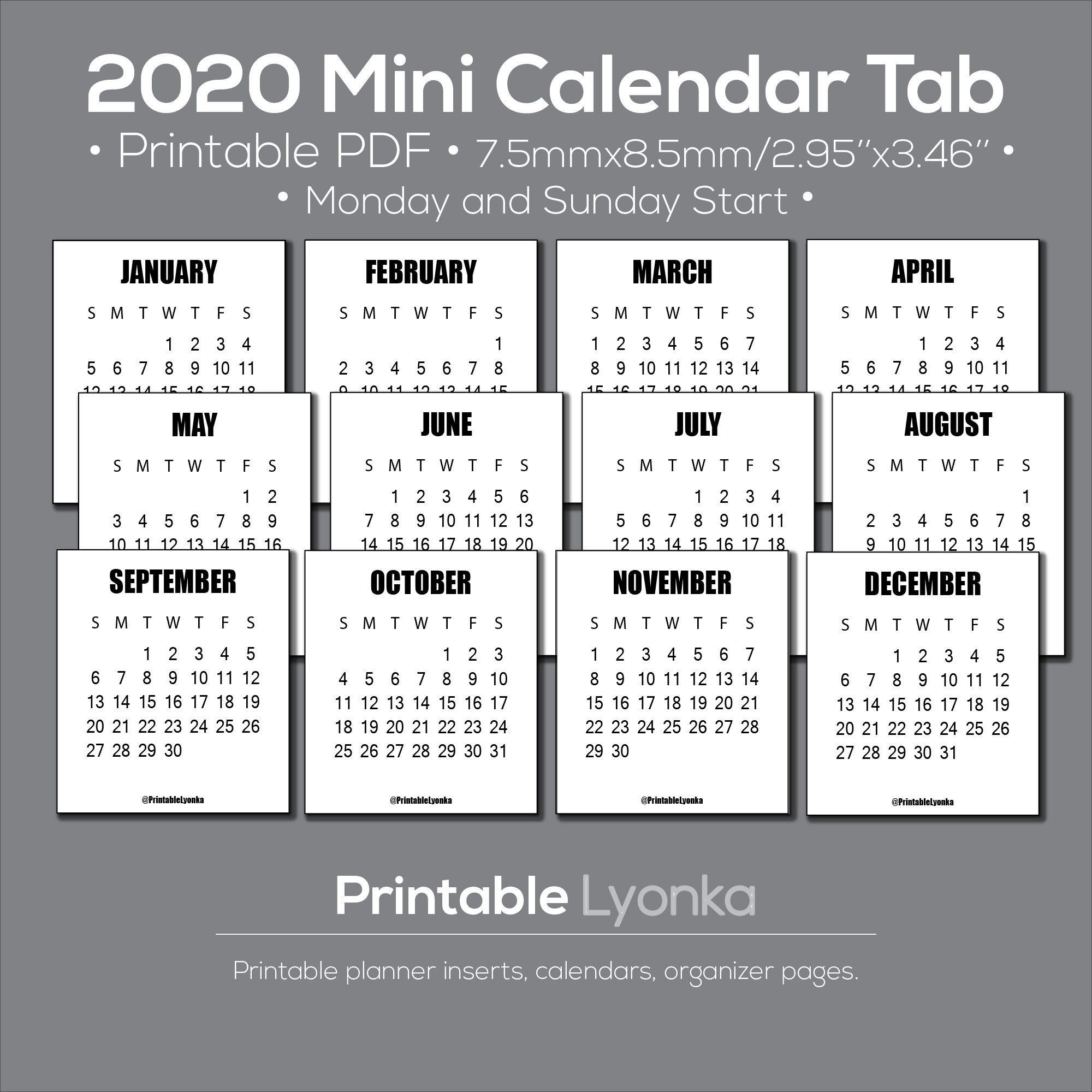 2021 Mini Calendar Tab/Size 3 X 3 1/2Inch. Printable Pdf-2021 Monthly Printable Pocket Planner