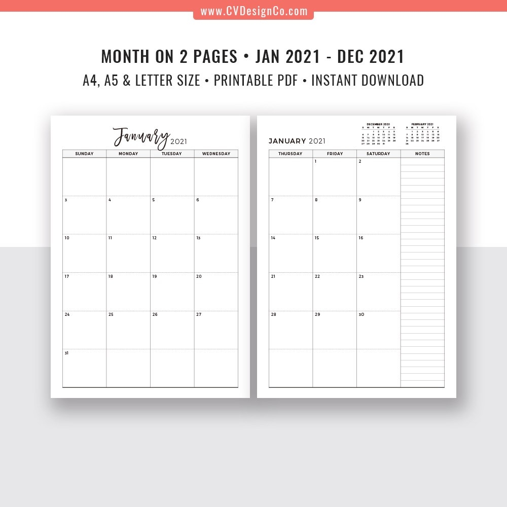 2021 Monthly Planner, 12 Month Calendar, Monthly Organizer, Month On 2  Pages, Printable Planner Inserts, Planner Template Design, Filofax A5, A4,-2 Page Monthly Calendar 2021