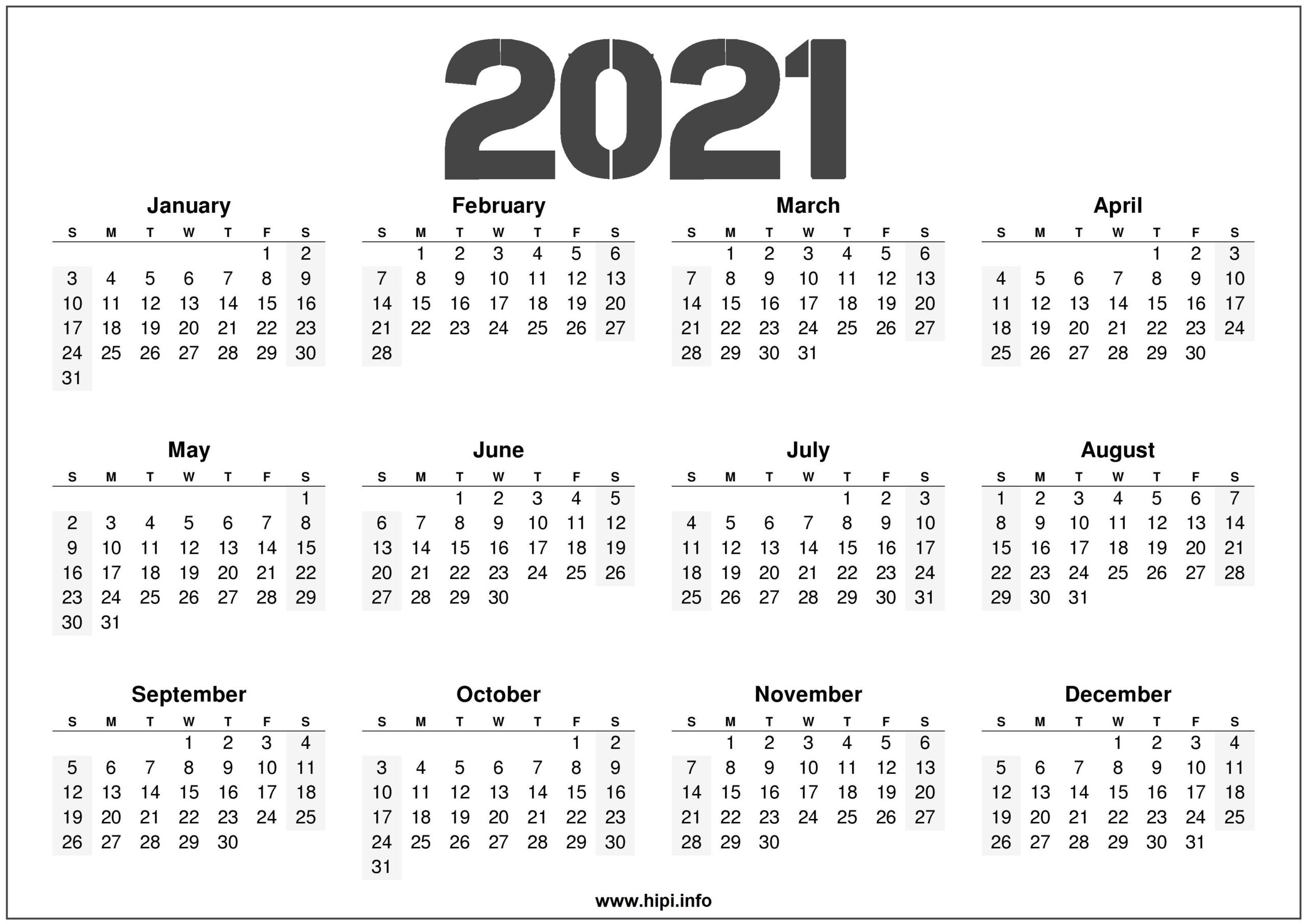 2021 Printable 12 Month Calendar Templates - Hipi-Printable 12 Month 2021 Calendar Template