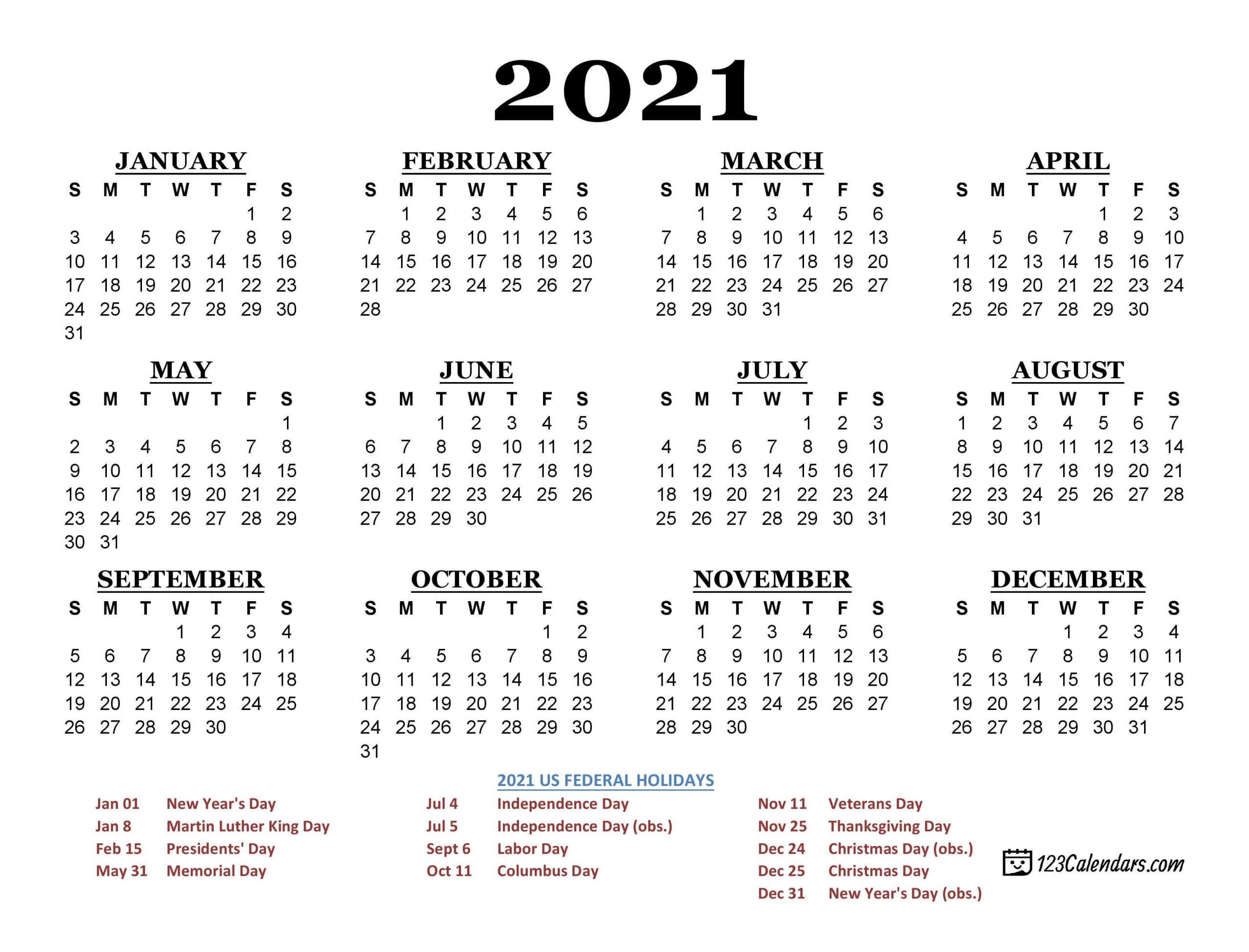 2021 Printable Calendar | 123Calendars-2021 Calendar Dates Print Off