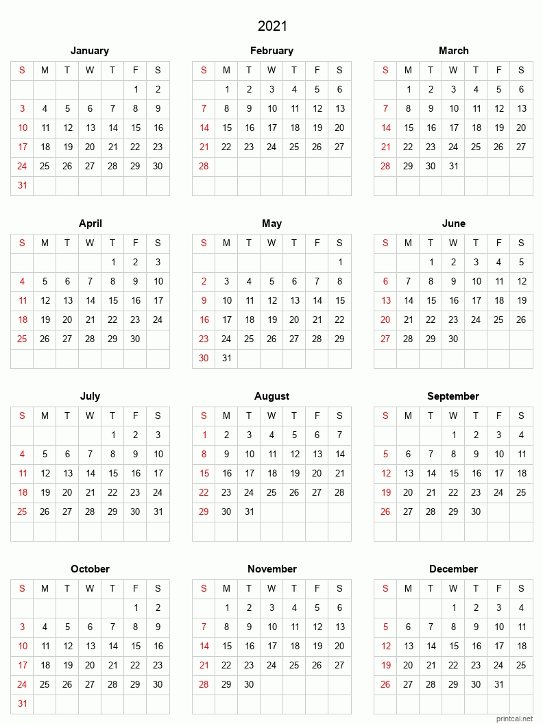 2021 Printable Calendar - Full-Year Calendar (Grid Style)-Blank Yearly Calendar 2021