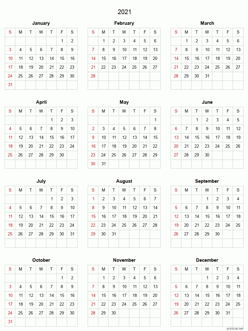 Blank Yearly Calendar 2021 Calendar Template Printable   2021 Printable Calendar Full Year Calendar Grid Style Blank Yearly Calendar 2021 