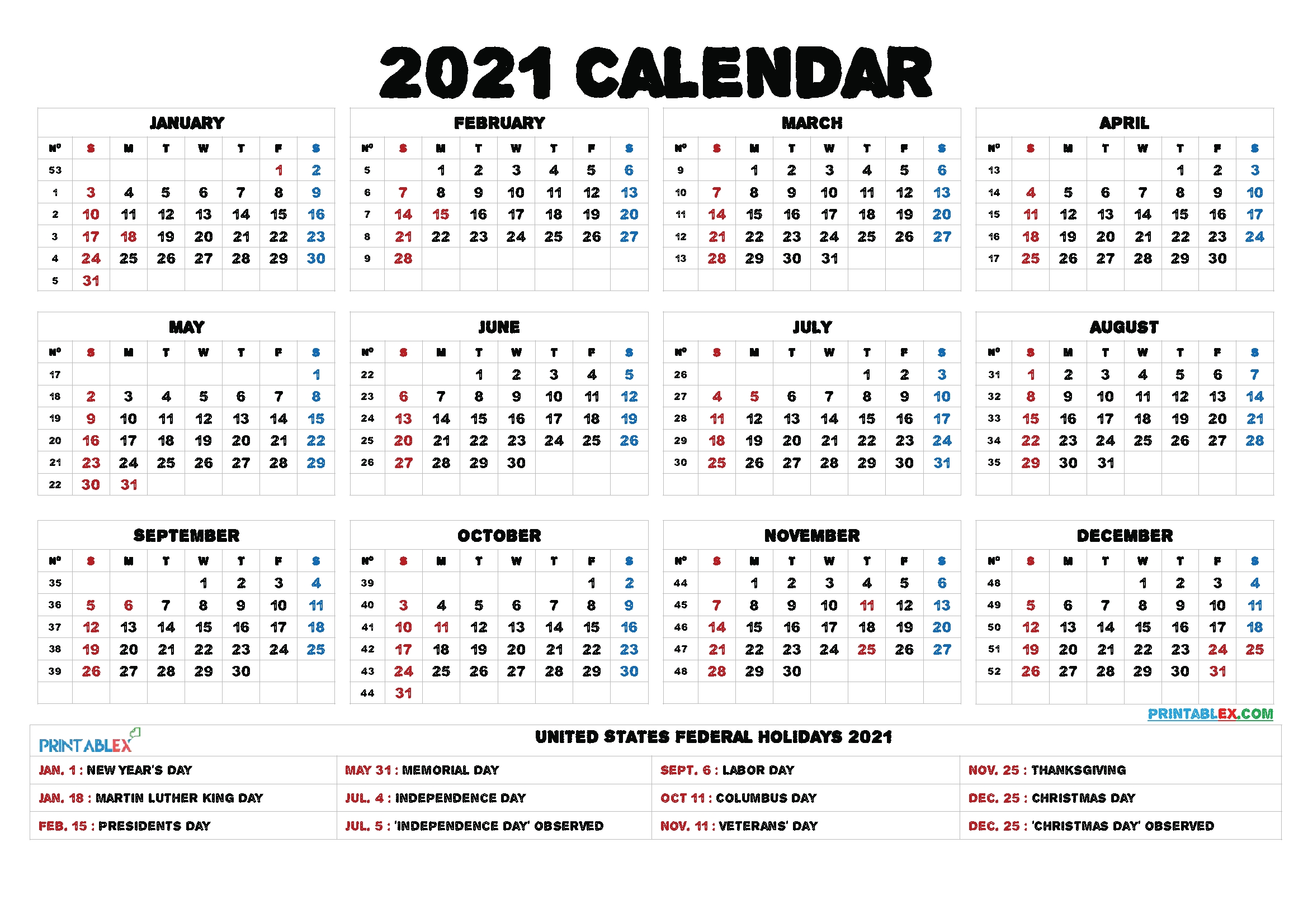 2021 Printable Calendar With Holidays-2021 Yearly Calendar With Holidays Printable