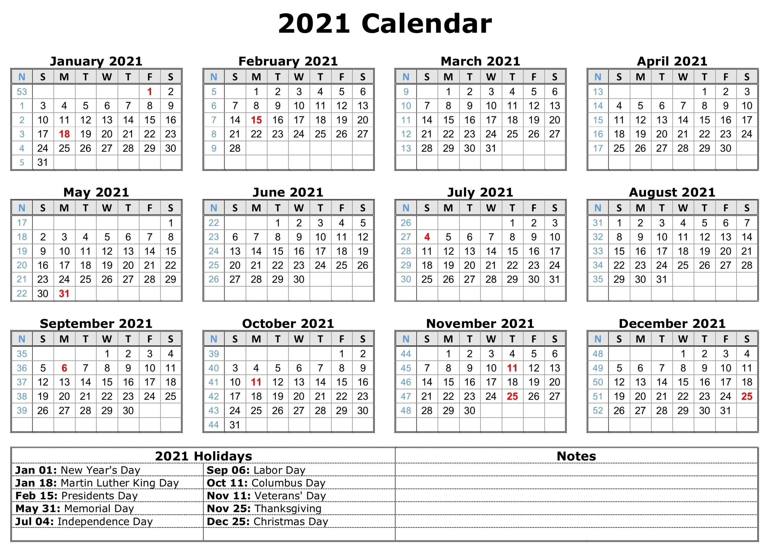 2021 Printable Calendar With Holidays | Printable Yearly-2021 Calendar Template Fill In