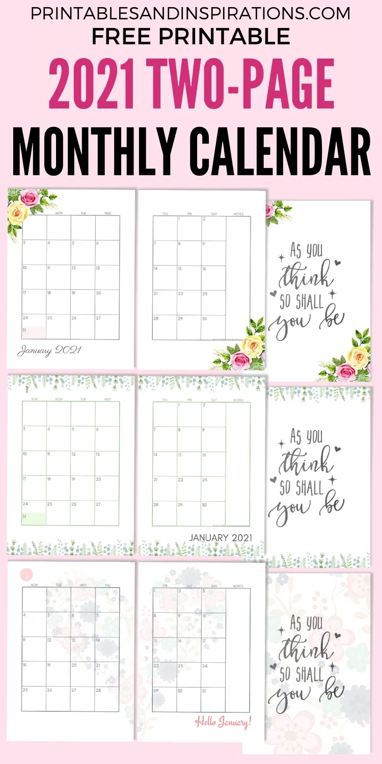 2021 Two Page Monthly Calendar Template - Free Printable-Printable Monthly Diaries 2021