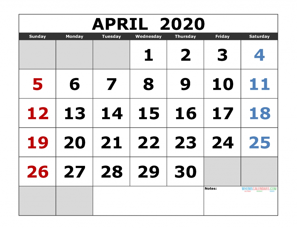 April 2020 Printable Calendar Template Excel, Pdf, Image [Us-Printable Calendars Large Numbers