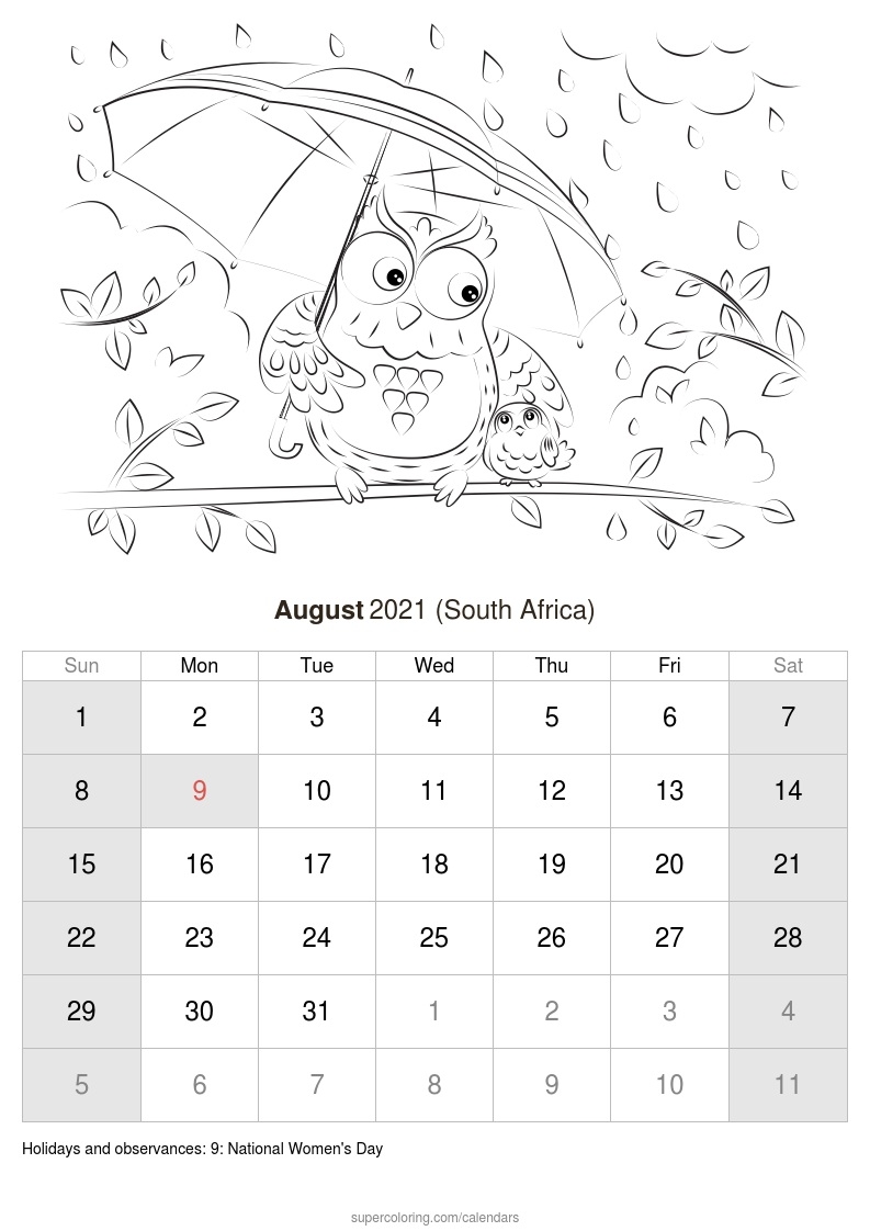 August 2021 Calendar - South Africa-2021 South African Calendar