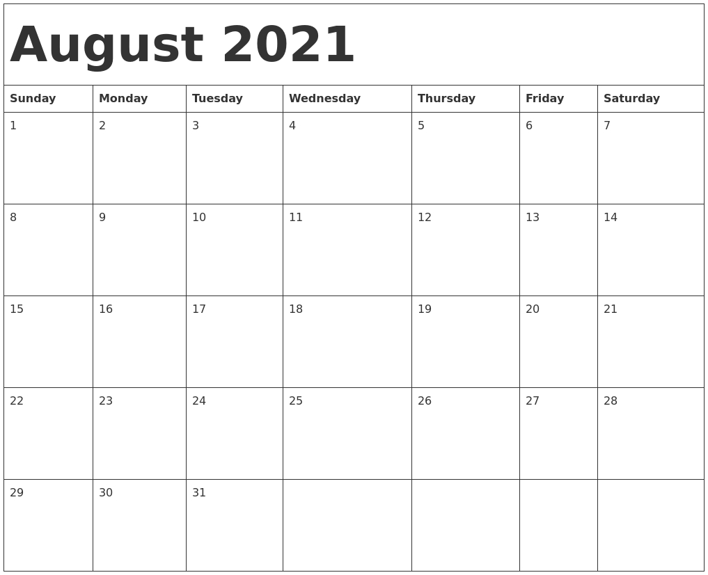 August 2021 Calendar Template-Monday-Friday August 2021