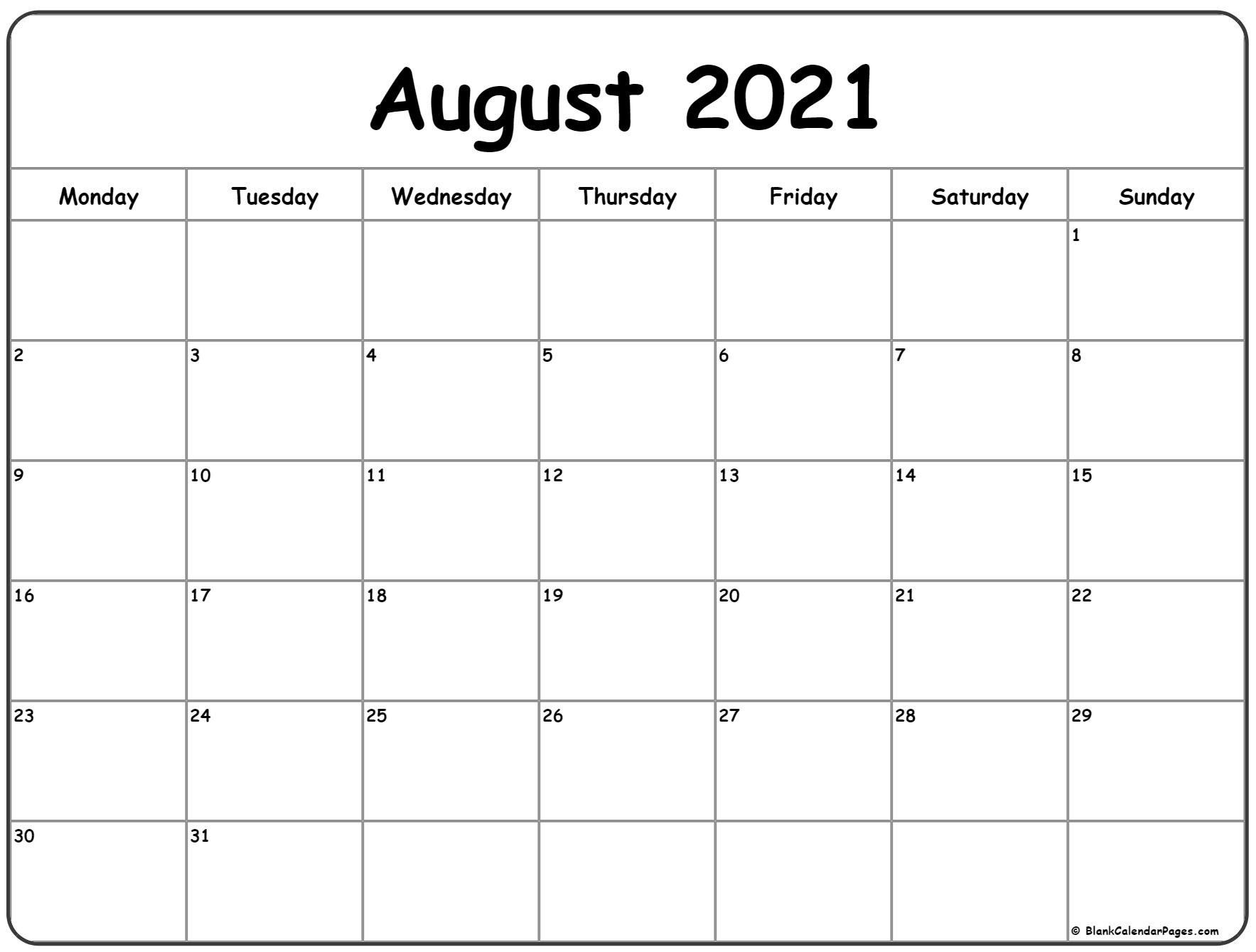 August 2021 Monday Calendar | Monday To Sunday-August 2021 Calendar Monday Friday