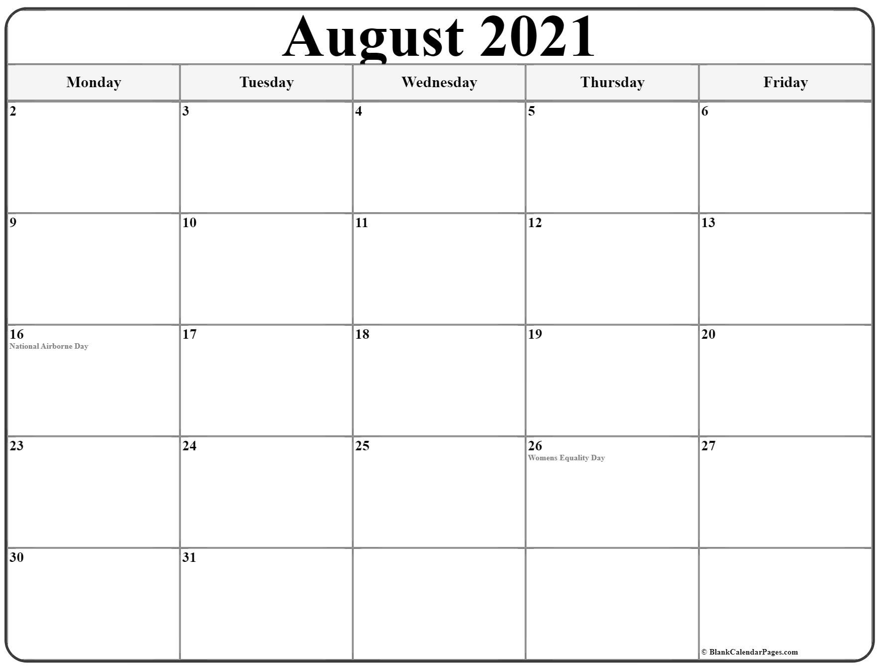 August 2021 Monday Calendar | Monday To Sunday-Monday-Friday August 2021