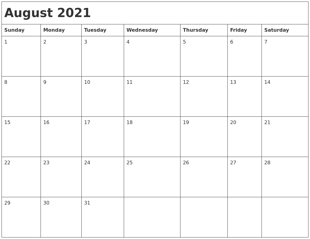 August 2021 Month Calendar-Monday-Friday August 2021