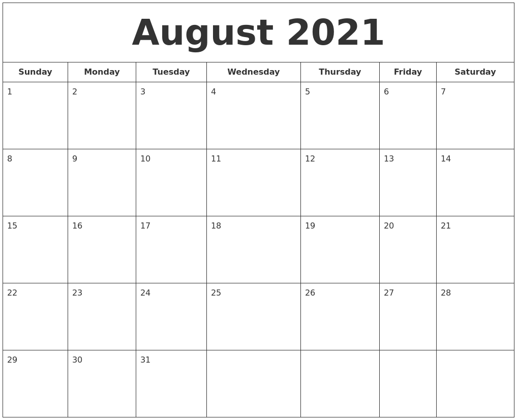August 2021 Printable Calendar-Monday-Friday August 2021