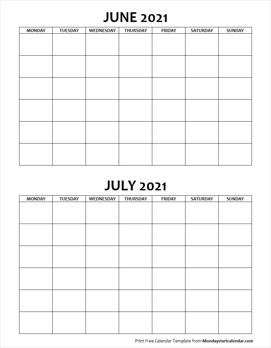 Blank June July 2021 Calendar Monday Start | Two Months Template-June And July 2021 Calendar
