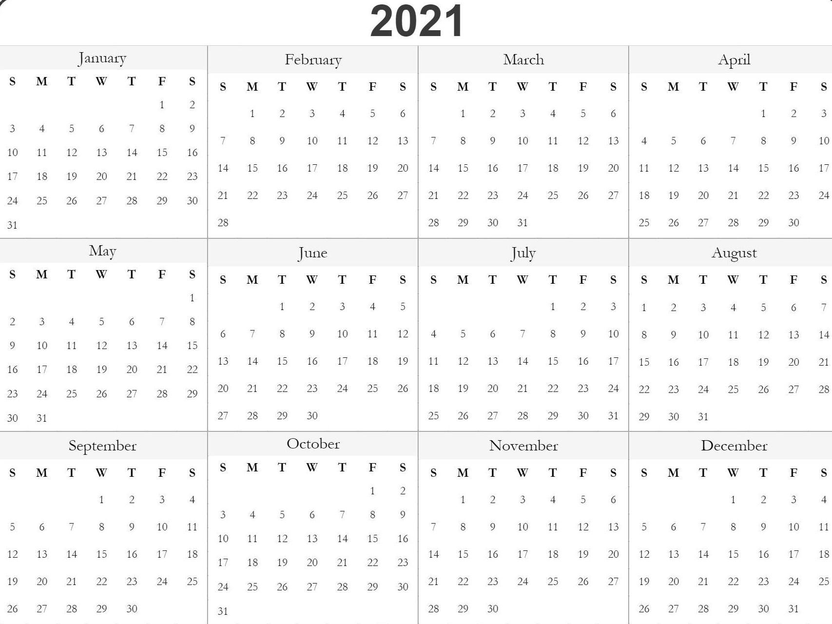 Blank Printable 2021 Calendar Template | Calendar Printables-2021 Calendar Dates Print Off
