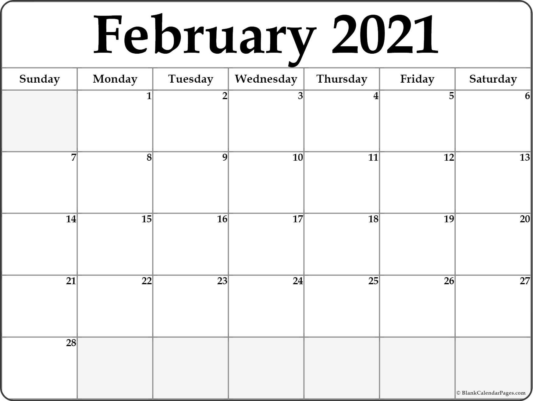 Calendar 2021 January February Blank | February Calendar-2021 Monthly Fill In The Blanks Print Out