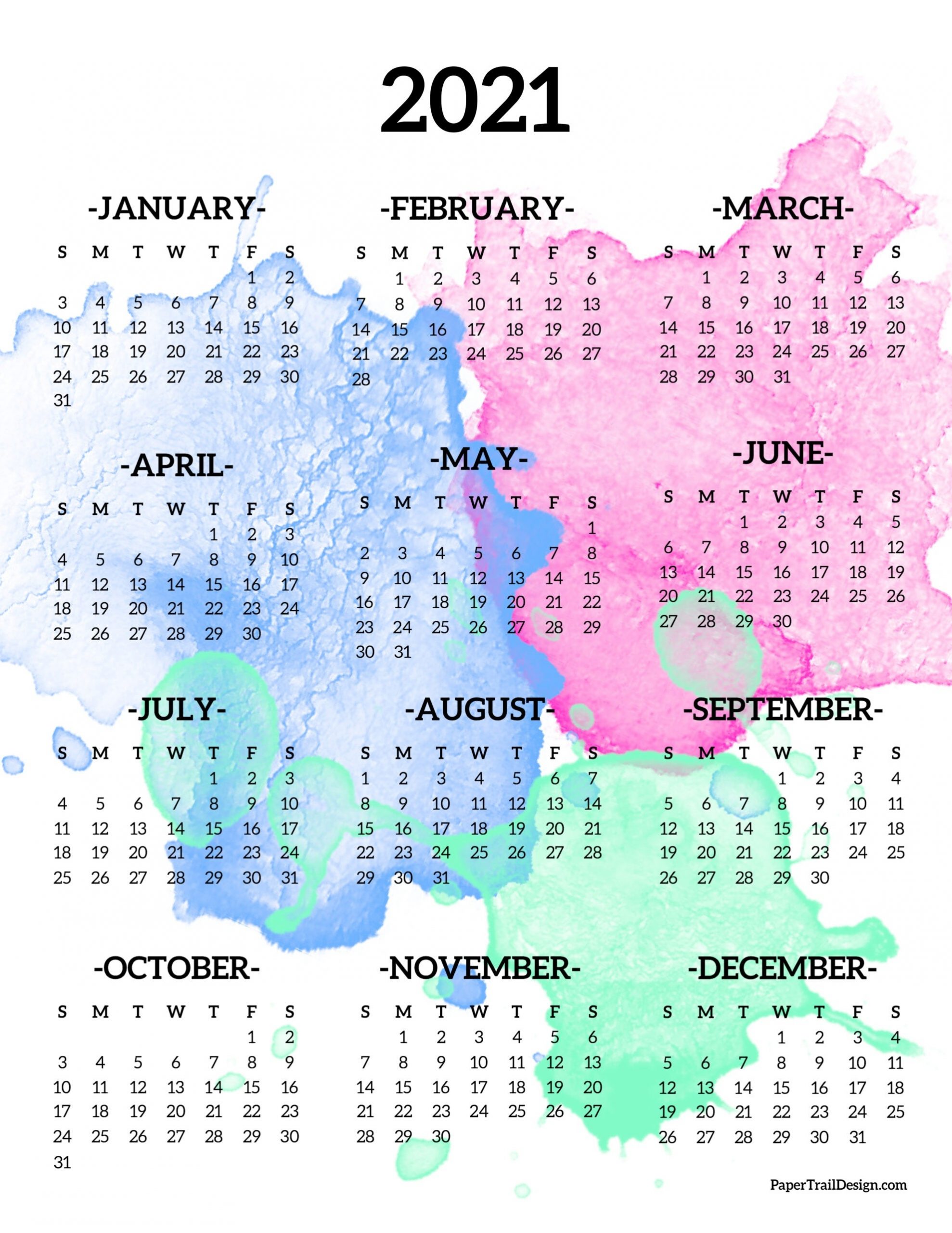 Calendar 2021 Printable One Page | Paper Trail Design-2021 Year At A Glance Free Calendar