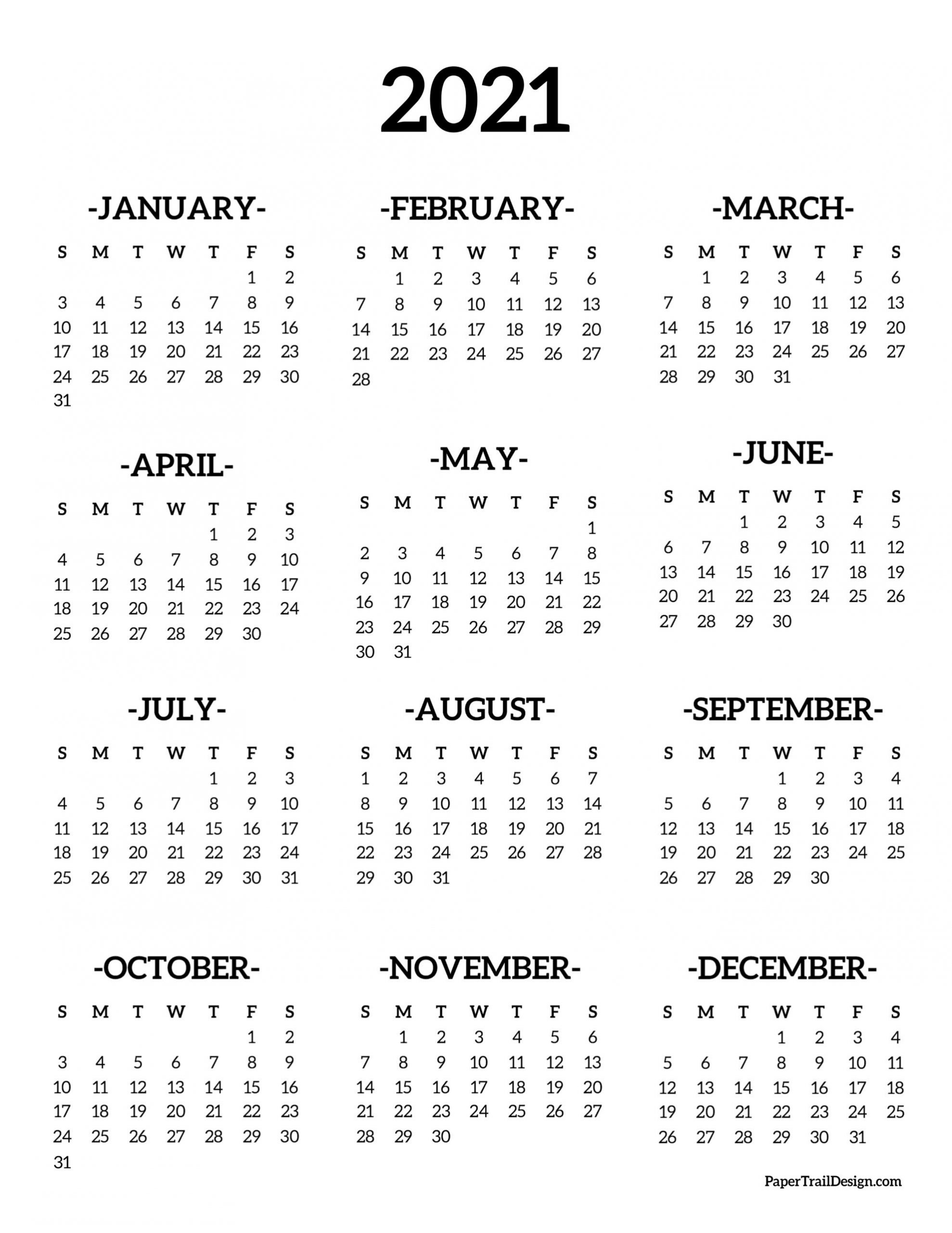 Calendar 2021 Printable One Page | Paper Trail Design-Blank Yearly Calendar 2021