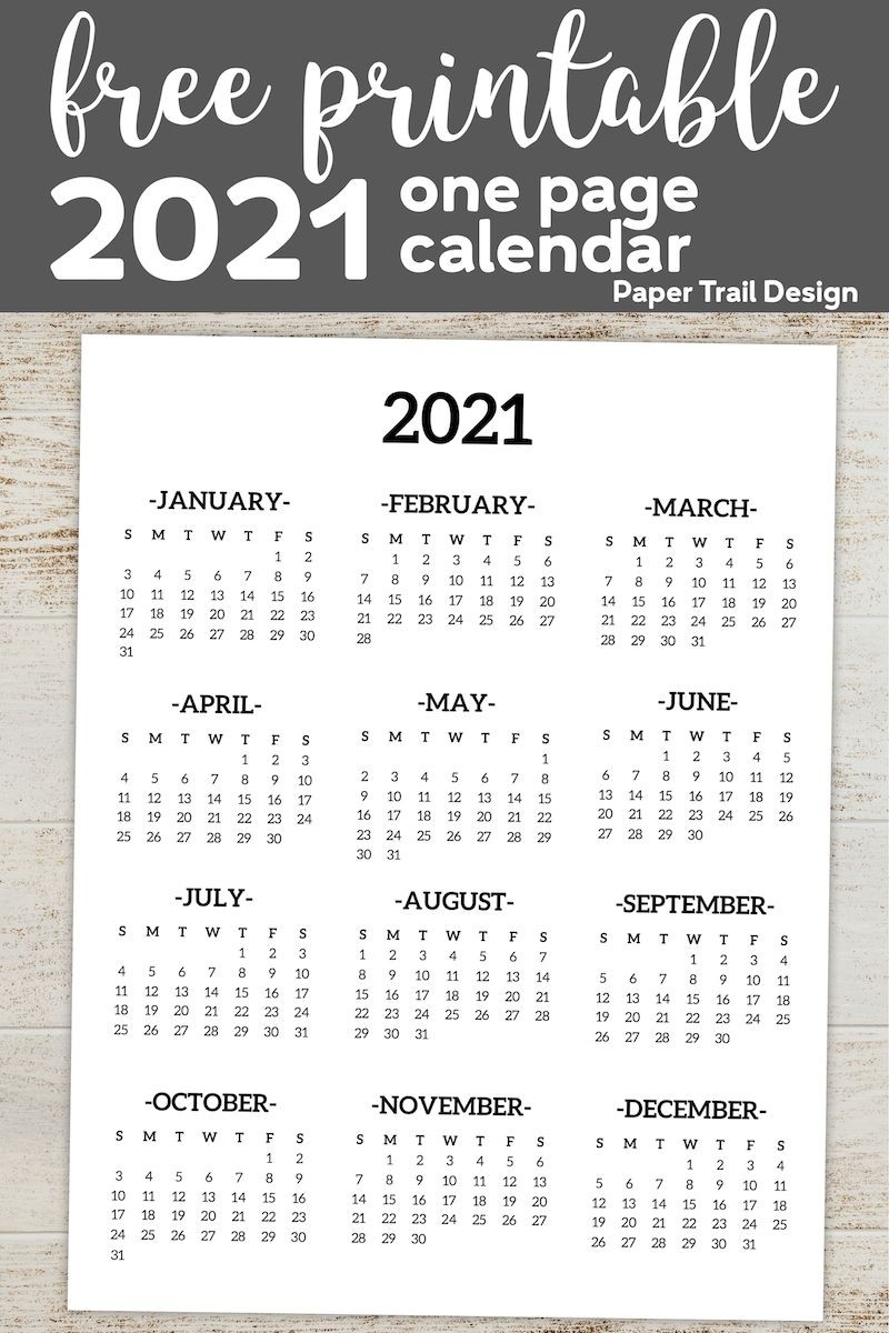 Calendar 2021 Printable One Page | Paper Trail Design-Free 2021 Year At A Glance Calendar