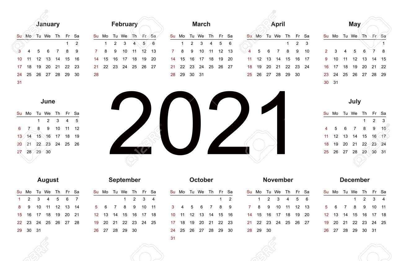 Calendar 2021 Year Simple Style. Week Starts From Sunday. Isolated..-European Calendar 2021