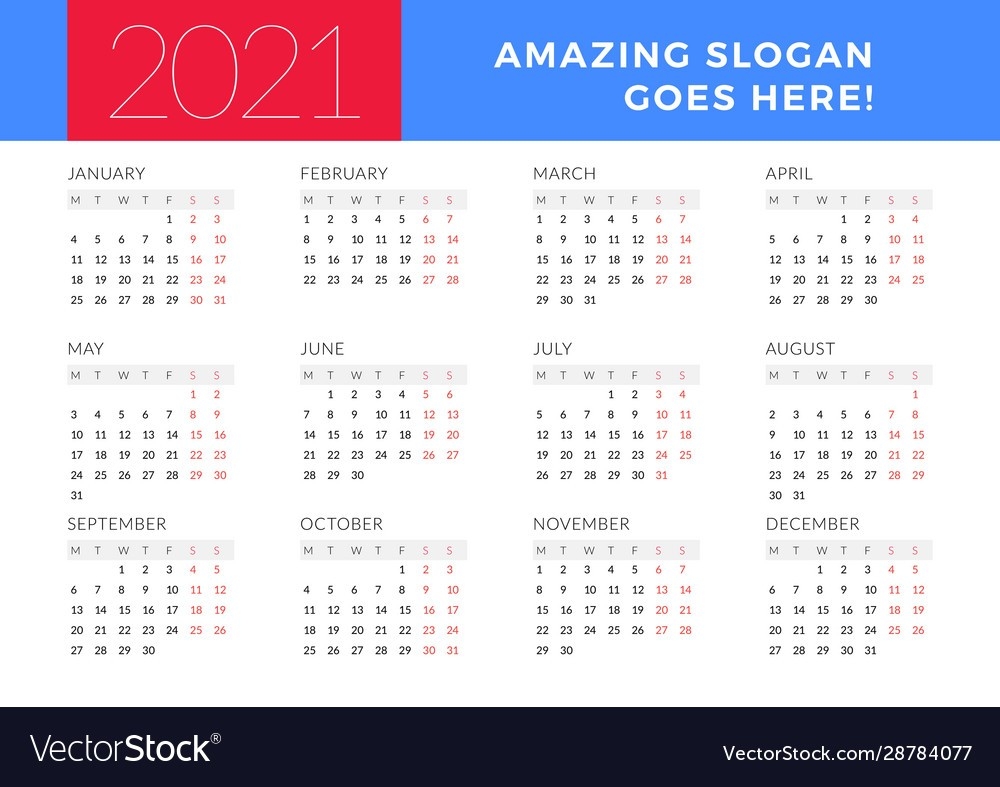 Calendar For 2021 Year Week Starts On Monday Vector Image-Monday Start 2021 Calendar