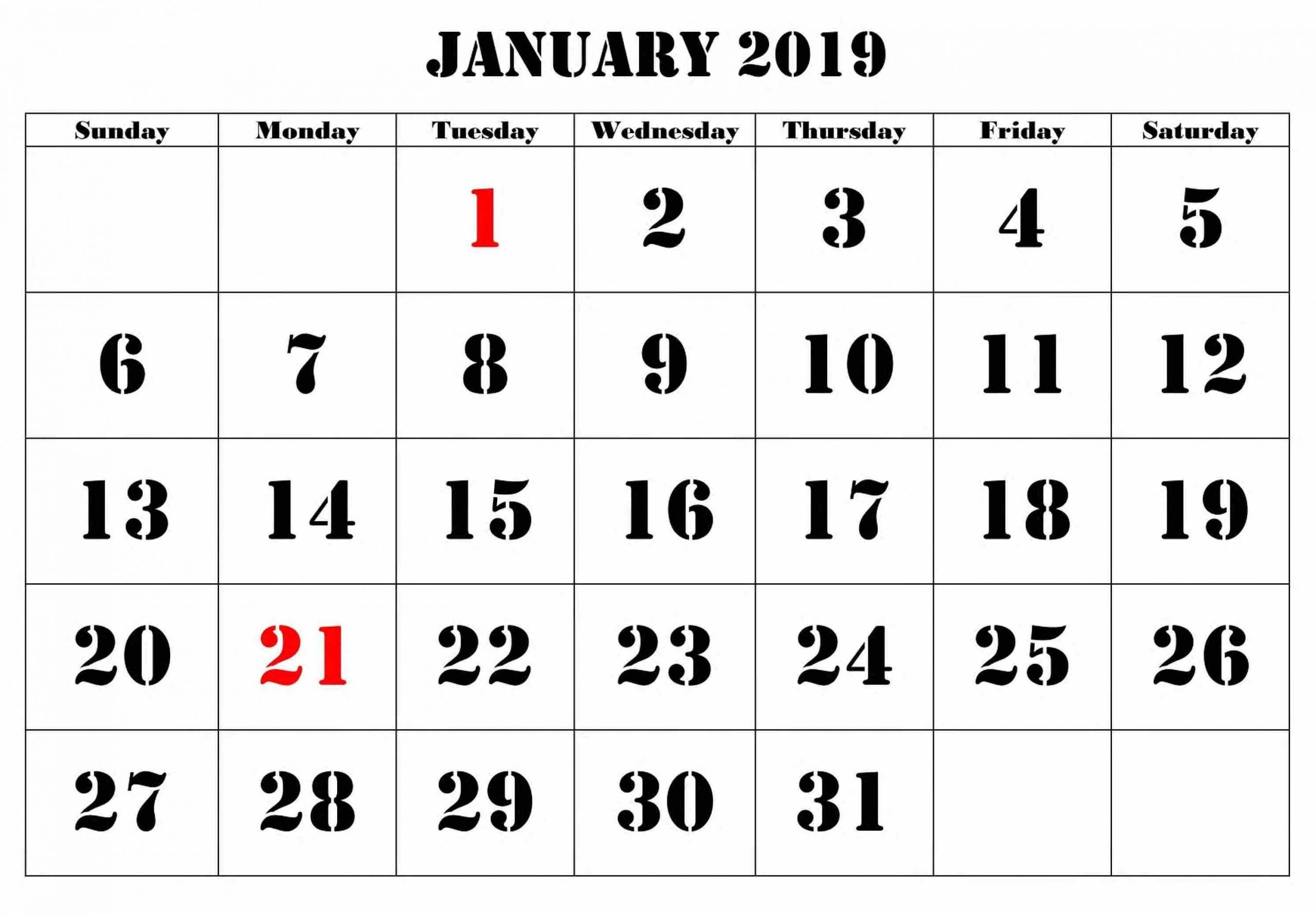 Calendar January 2019 Large Number #Januarycalendar-Printable Calendars Large Numbers