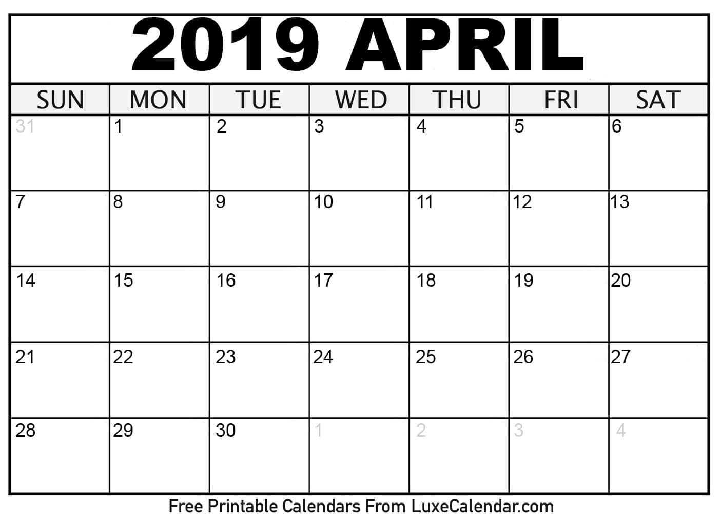 Calendar Of April 2019 Printable | Monthly Calendar-8X11 Landscape Printable Monthly Calendar 2021