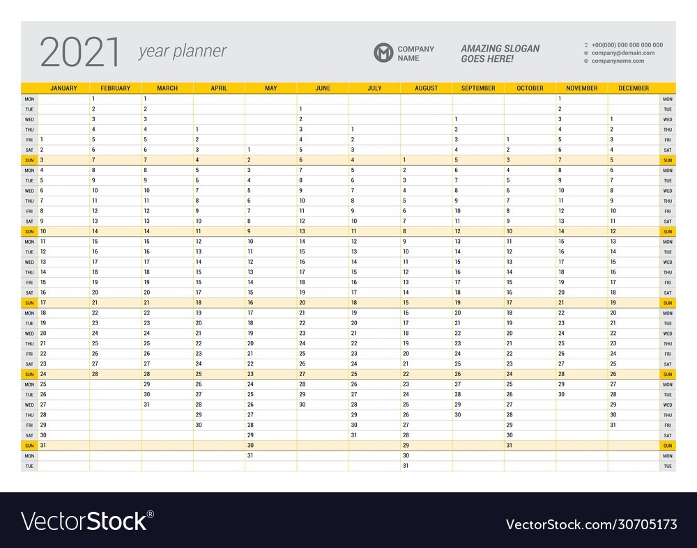 Calendar Yearly Planner Template For 2021 Vector Image-Calendar Bills Due Template 2021