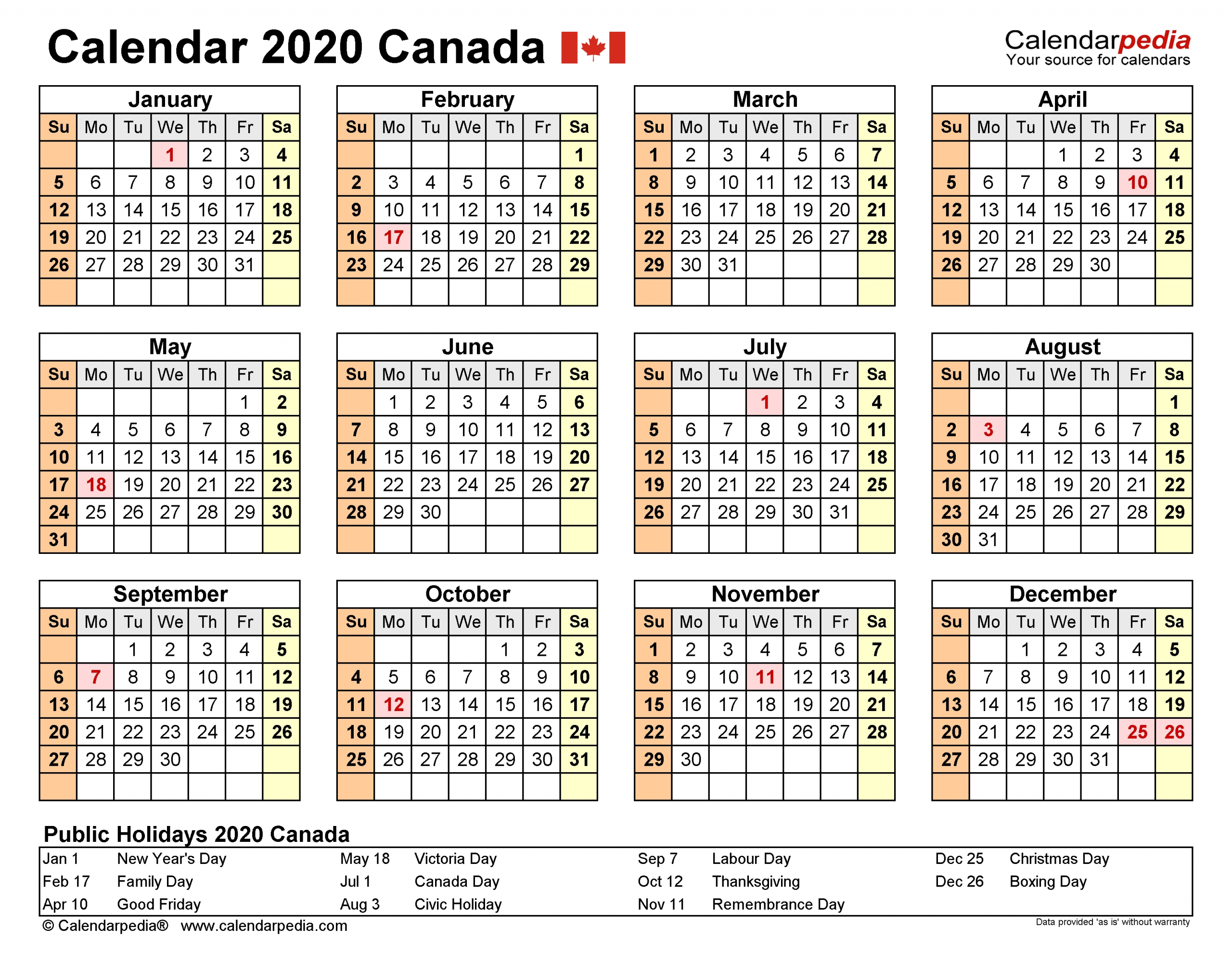 Canada Calendar 2020 - Free Printable Word Templates-Large Number Government Calendar
