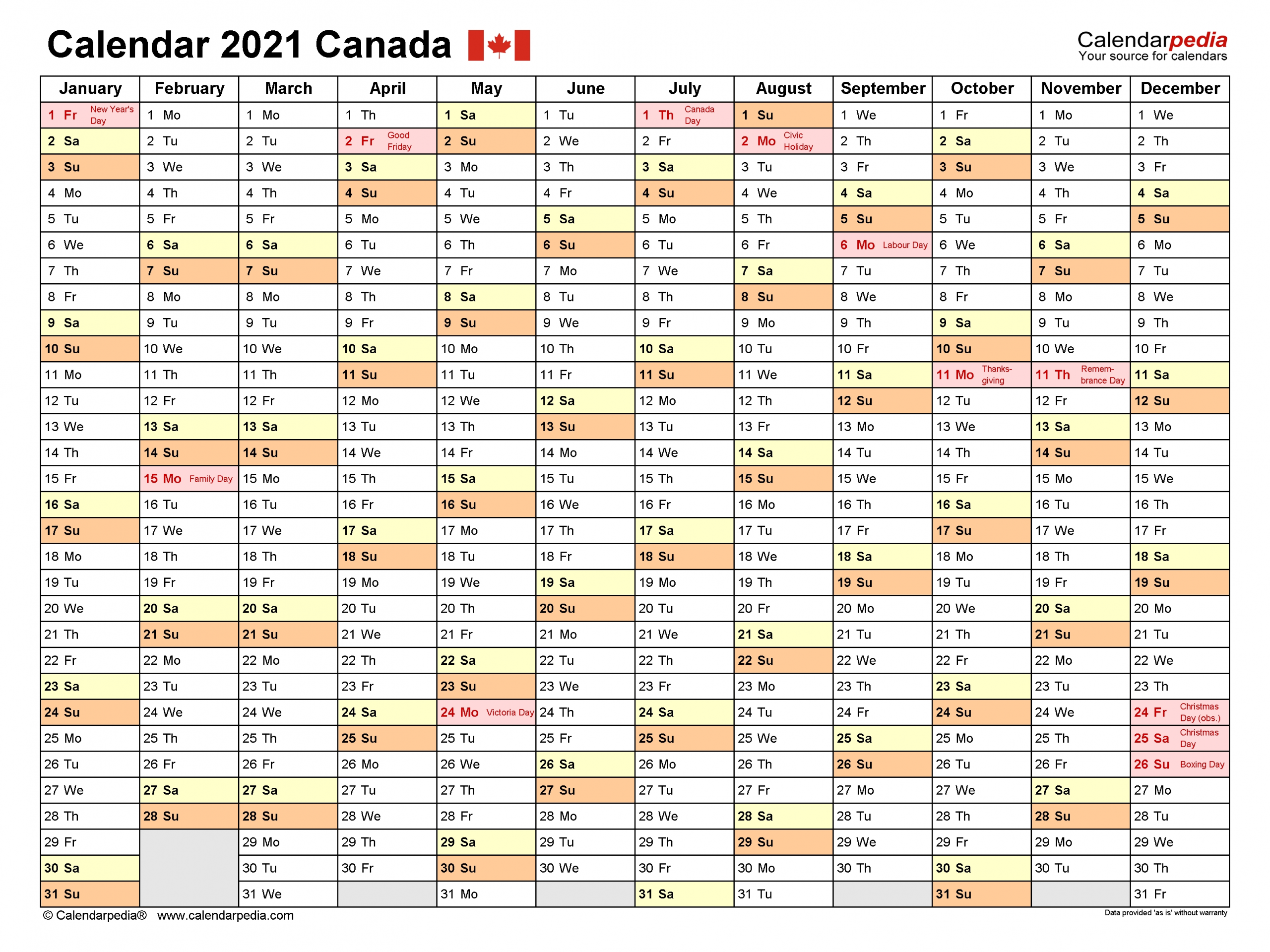 Canada Calendar 2021 - Free Printable Pdf Templates-Printable 2021 Weekly Monthly 81/2 X 11