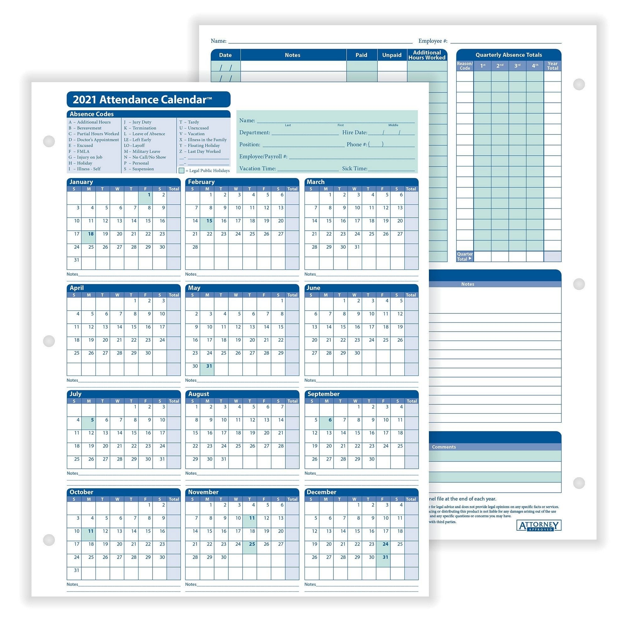 Complyright 2021 Attendance Calendar, White, 8-1/2&quot; X 11&quot; - 50 Per Pack-Attendance Calendars 2021