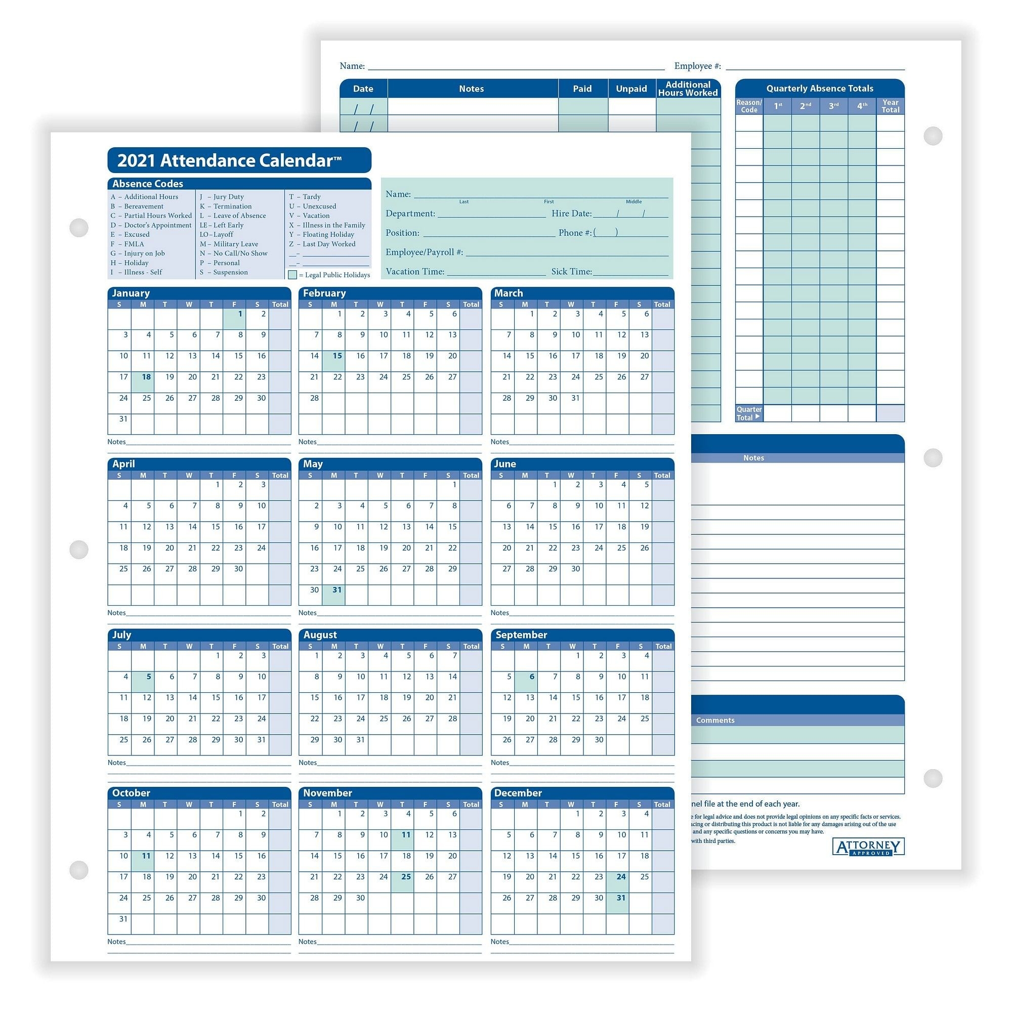 Complyright 2021 Attendance Calendar, White, 8-1/2&quot; X 11&quot; - 50 Per Pack-Free Printable Employee Attendance Forms 2021