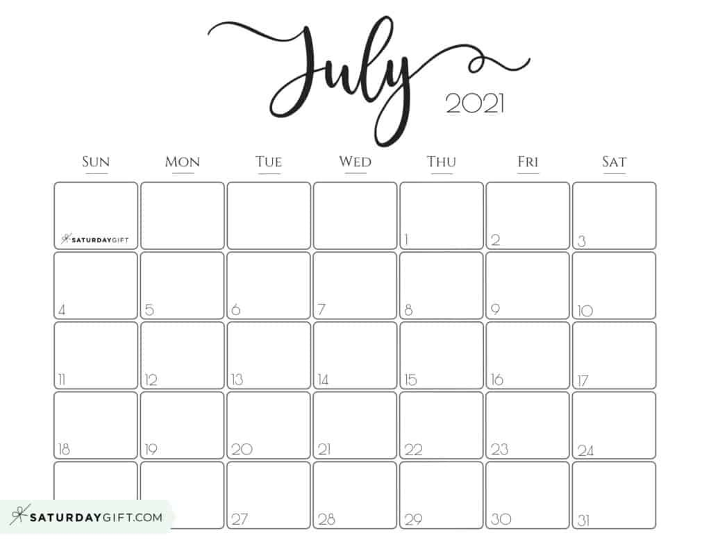 Cute (&amp; Free!) Printable July 2021 Calendar | Saturdaygift-Printable Calendar July 2021 And August 2021