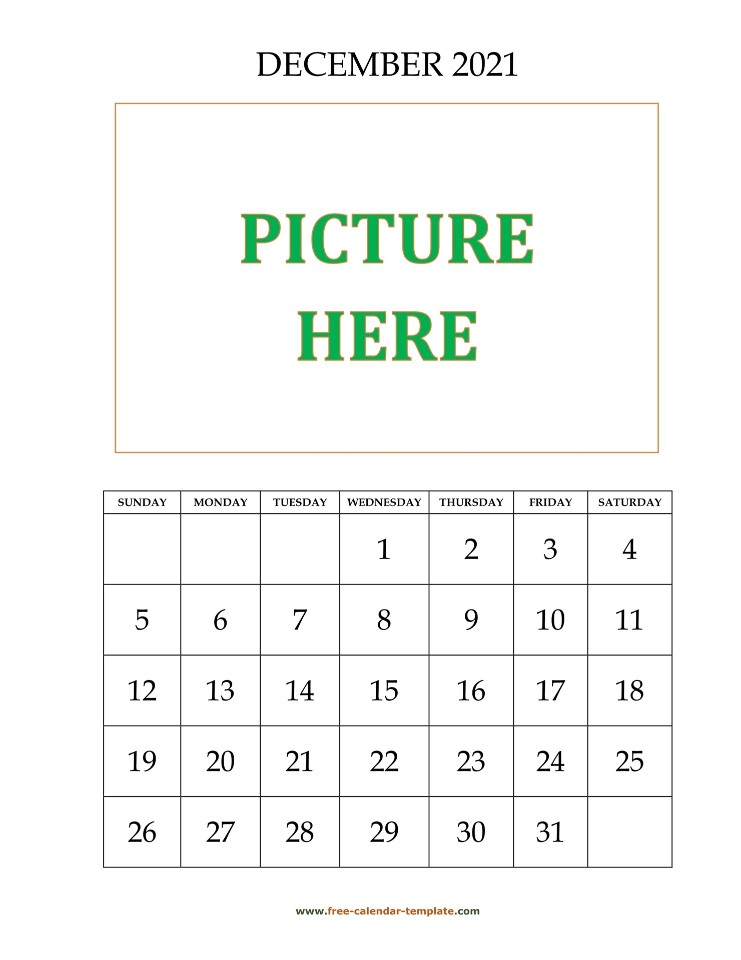 December Printable 2021 Calendar, Space For Add Picture-Calendar 2021 Shwoing Previous Month