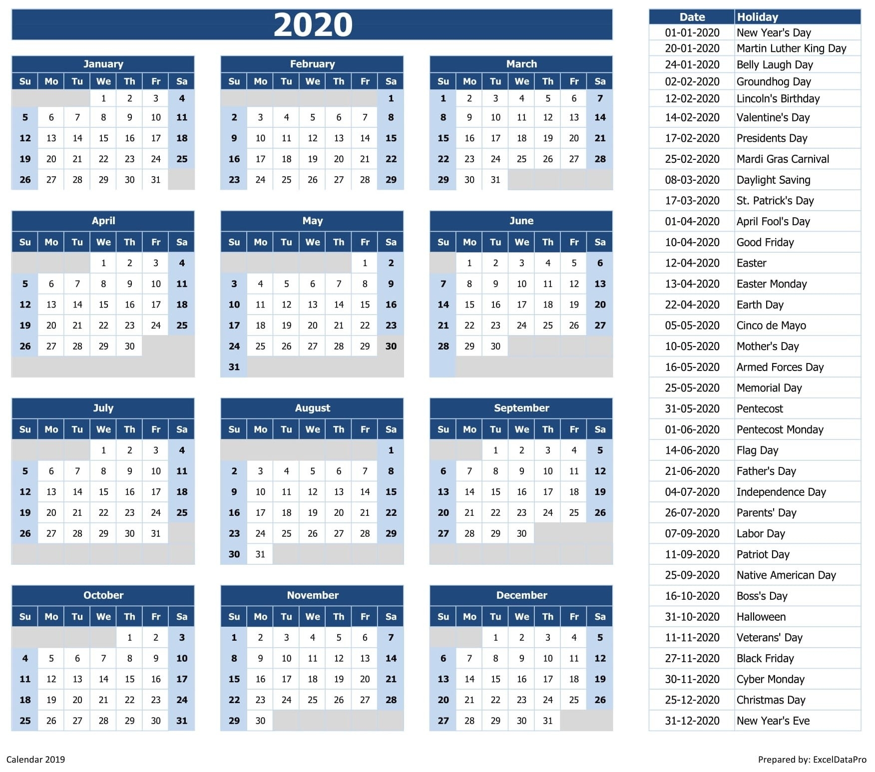 Download 2020 Yearly Calendar (Sun Start) Excel Template-Excel List Of 2021 Holidays