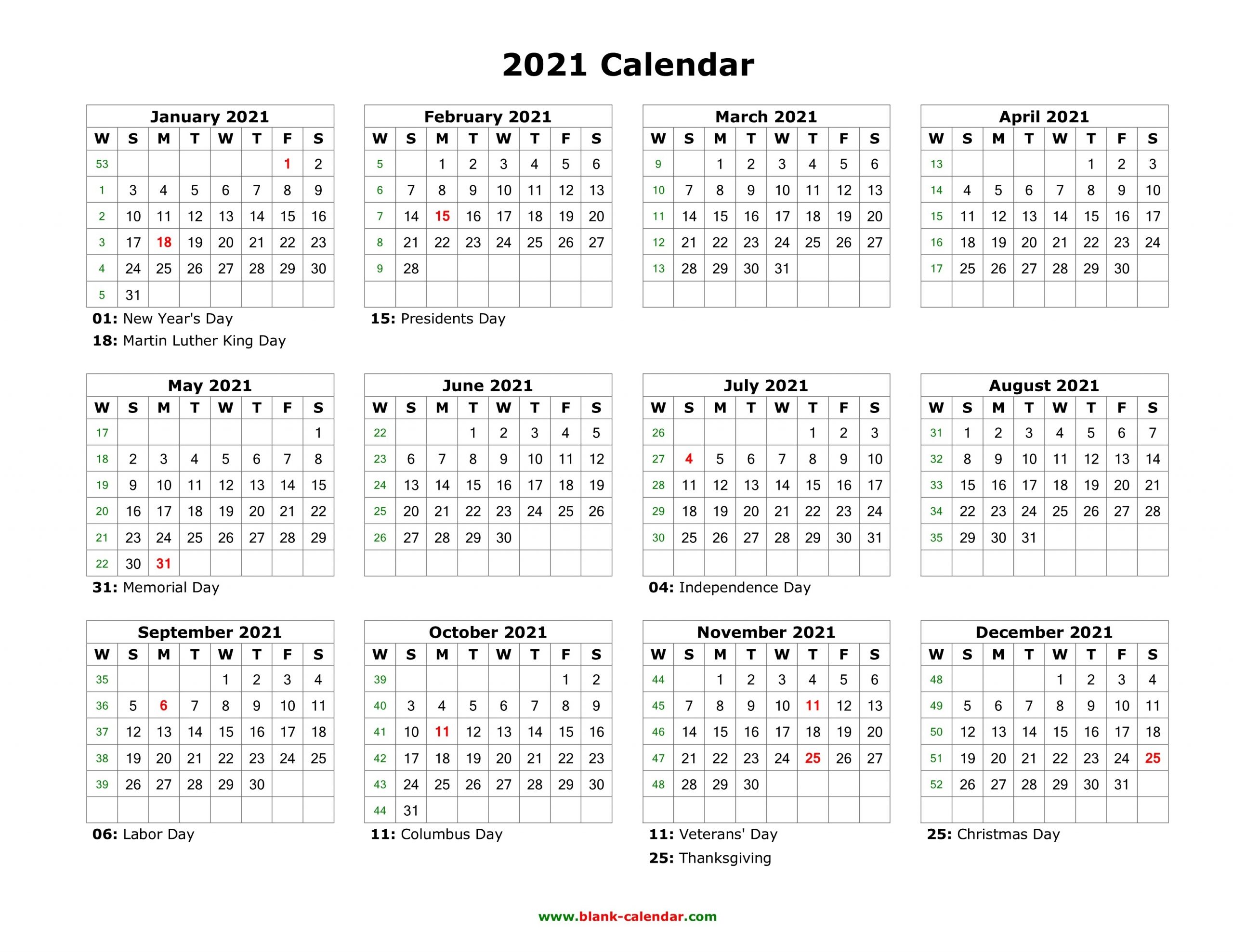 Download Blank Calendar 2021 With Us Holidays (12 Months On-2021 Us Calendar With Holidays Printable