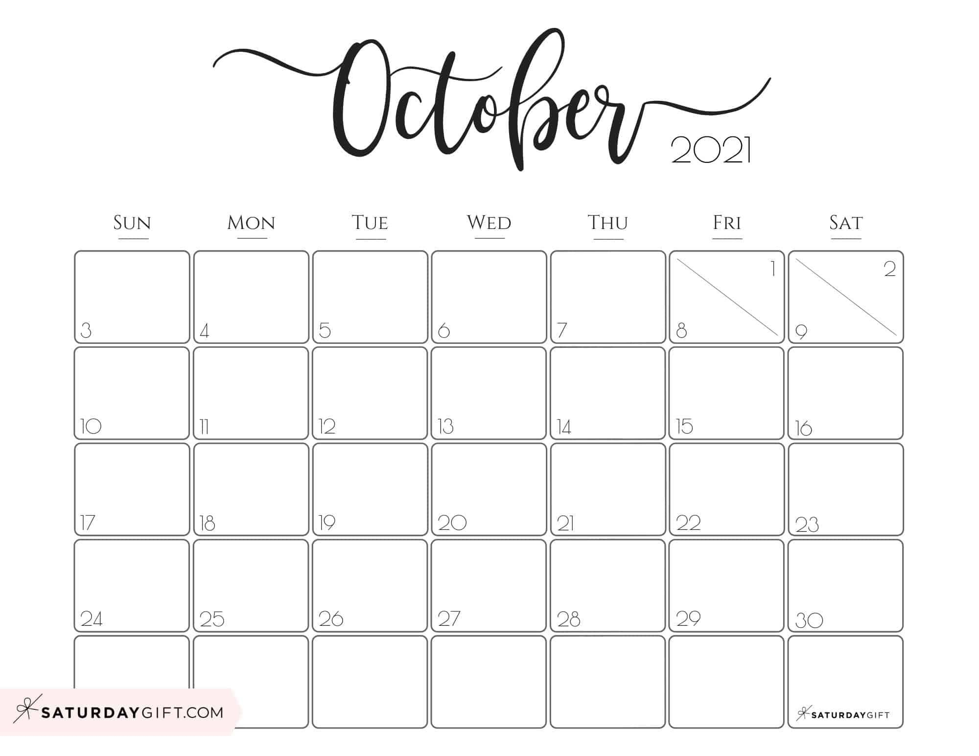 Elegant 2021 Calendar By Saturdaygift - Pretty Printable-October 2021 Calendar