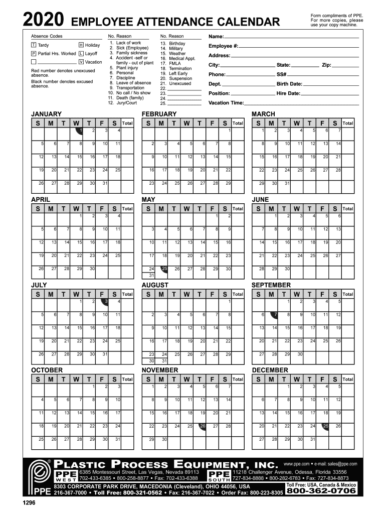 Employee Attendance Calendar 2020 - Fill Online, Printable-Free Printable 2021 Attendance Calendar