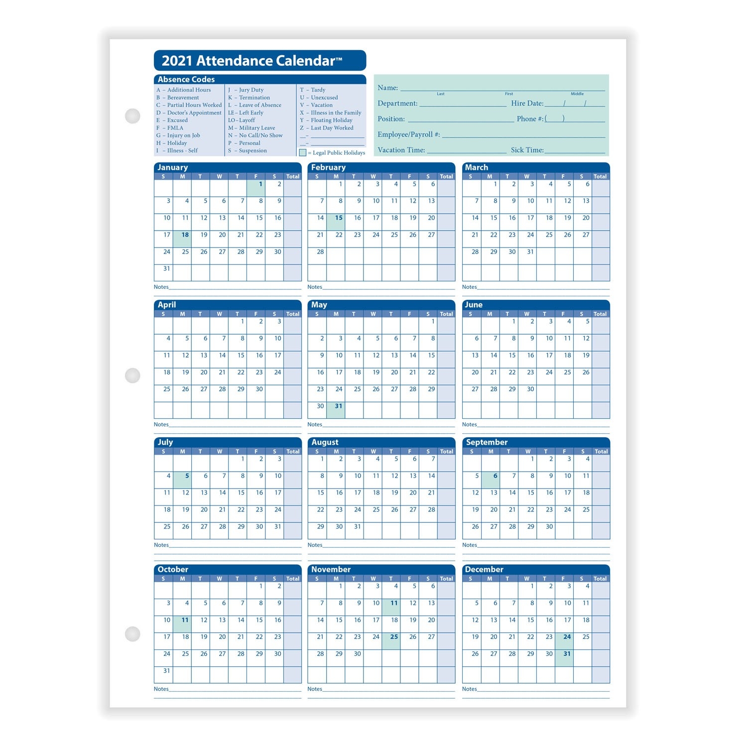 Employee Attendance Calendar-2021 Printable Attendance Tracker