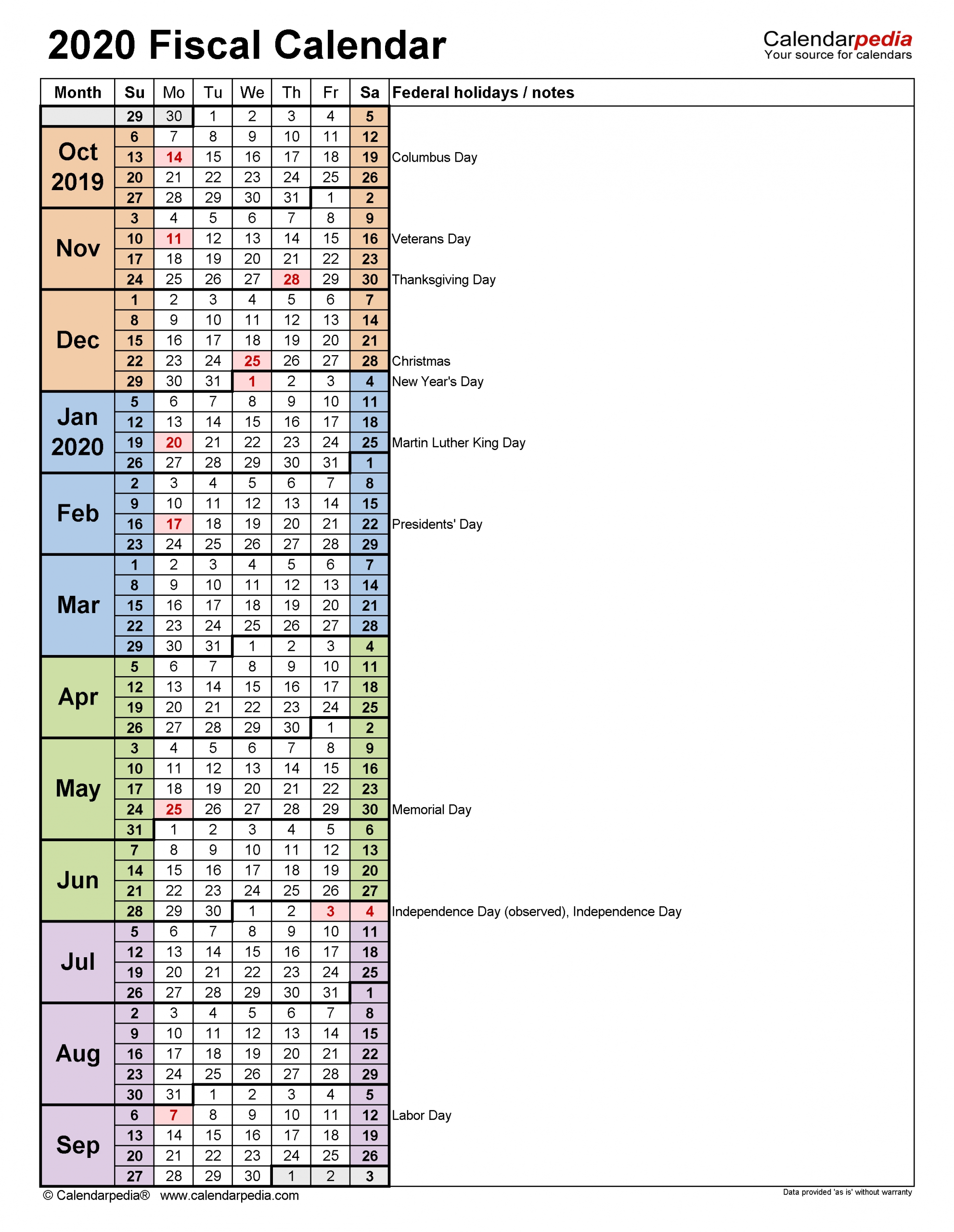 Fiscal Calendars 2020 - Free Printable Pdf Templates-Large Number Government Calendar