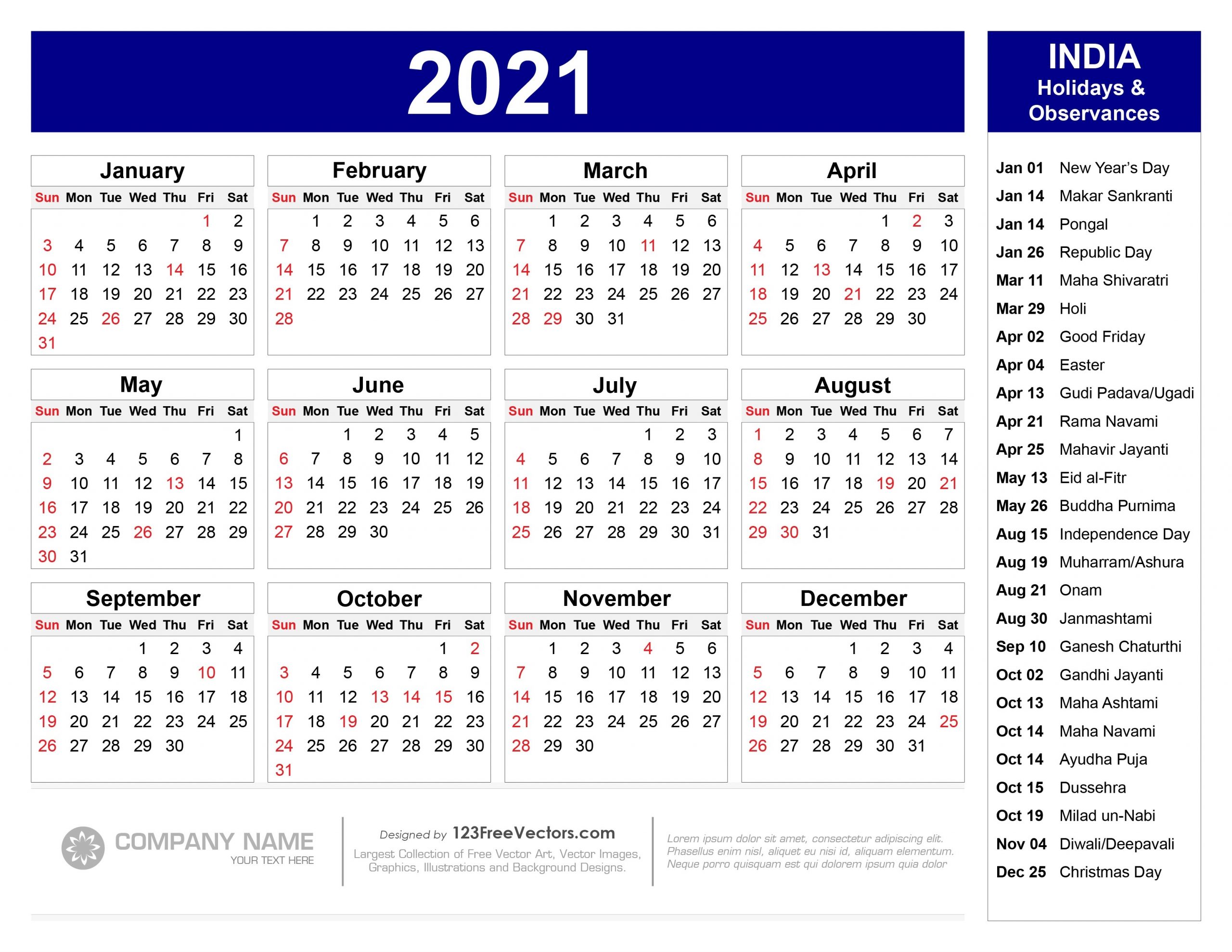 Free 2021 Calendar With Indian Holidays Pdf-2021 Calendar With Holidays Listed
