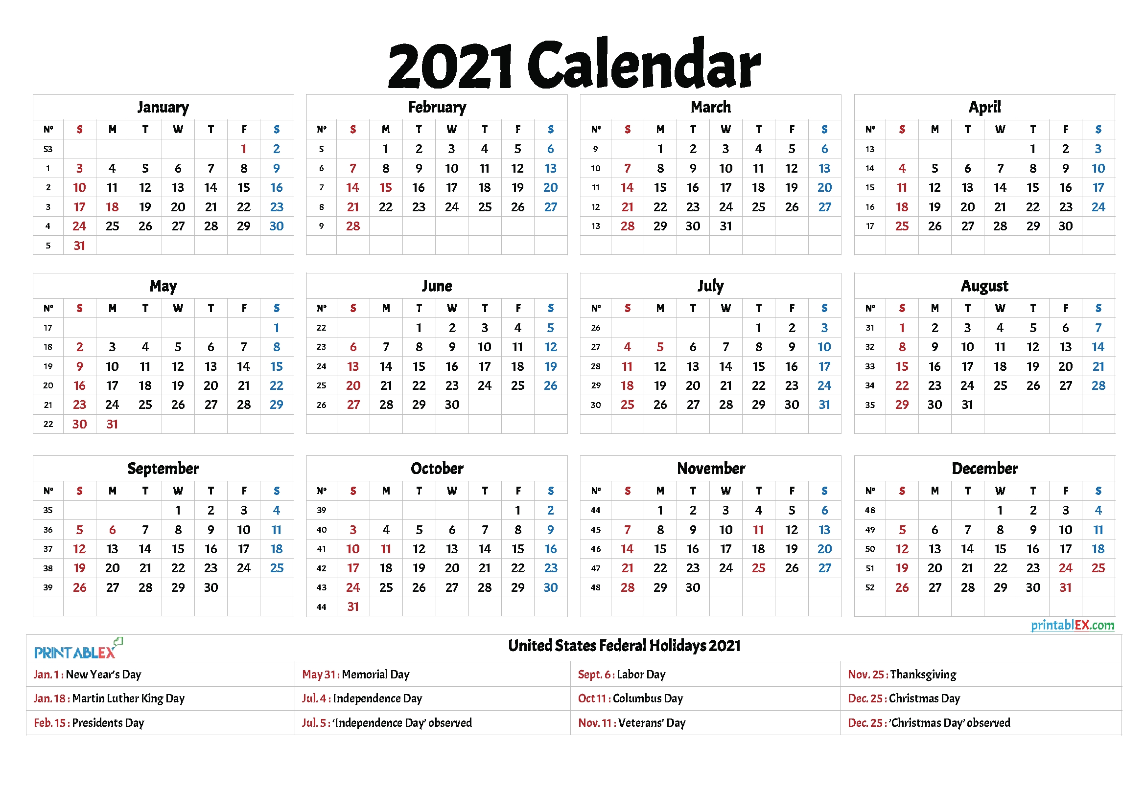Free 2021 Printable Calendar With Holidays-2021 Yearly Calendar With Holidays Printable