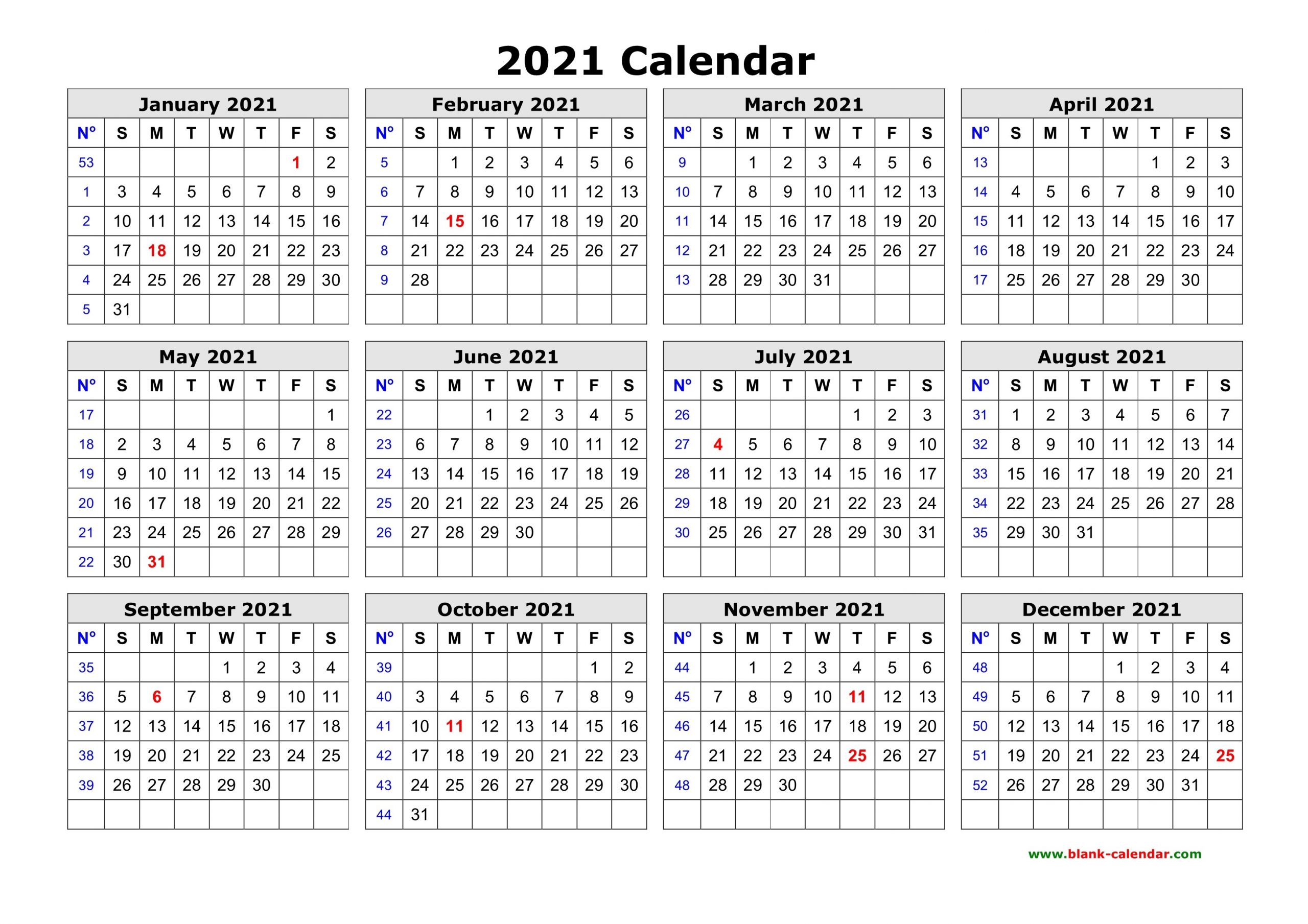 Free Download Printable Calendar 2021 In One Page, Clean Design.-2021 Annual Calendar Printable Free