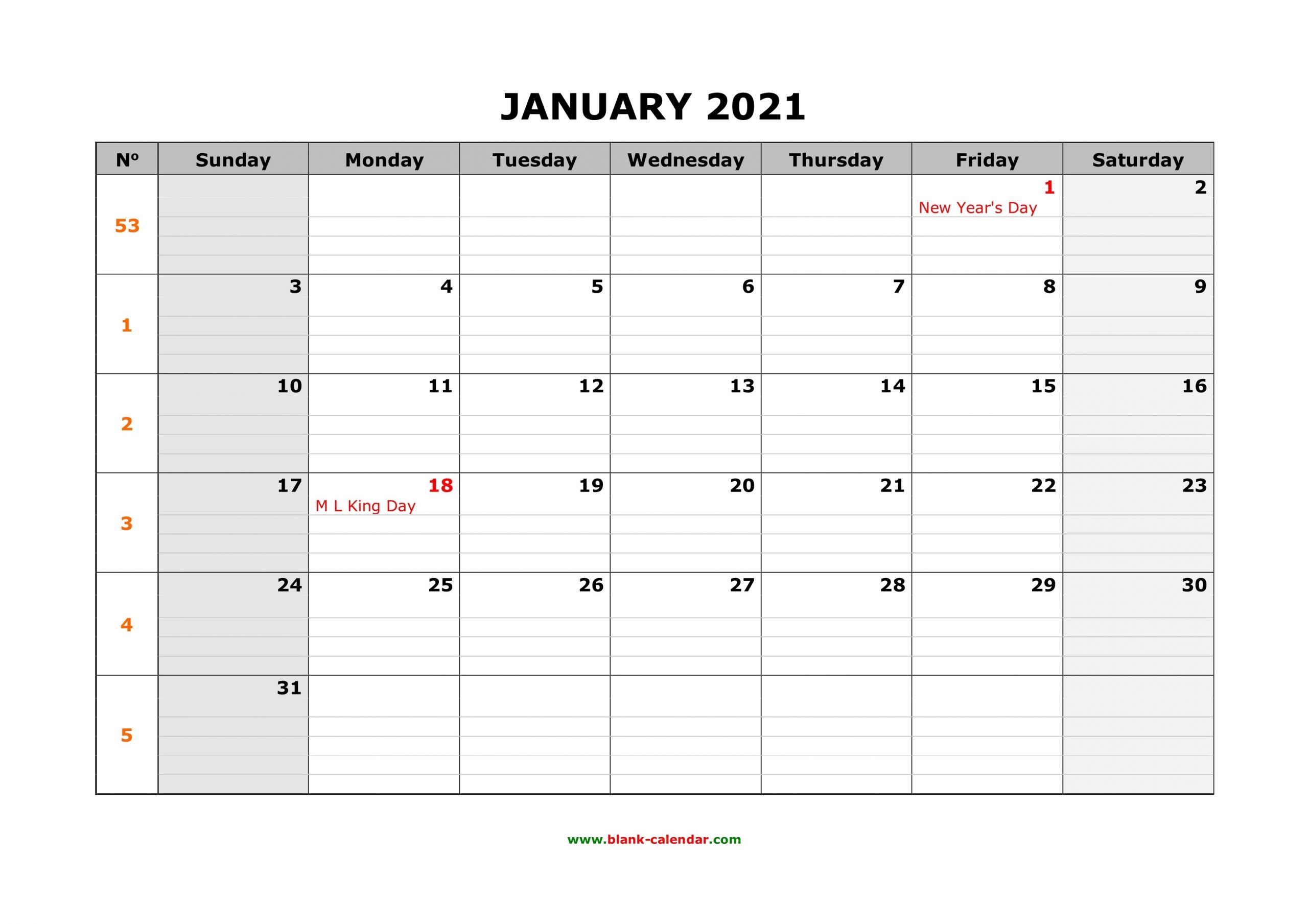 Free Download Printable Calendar 2021, Large Box Grid, Space-Calendar 2021 Column Printable