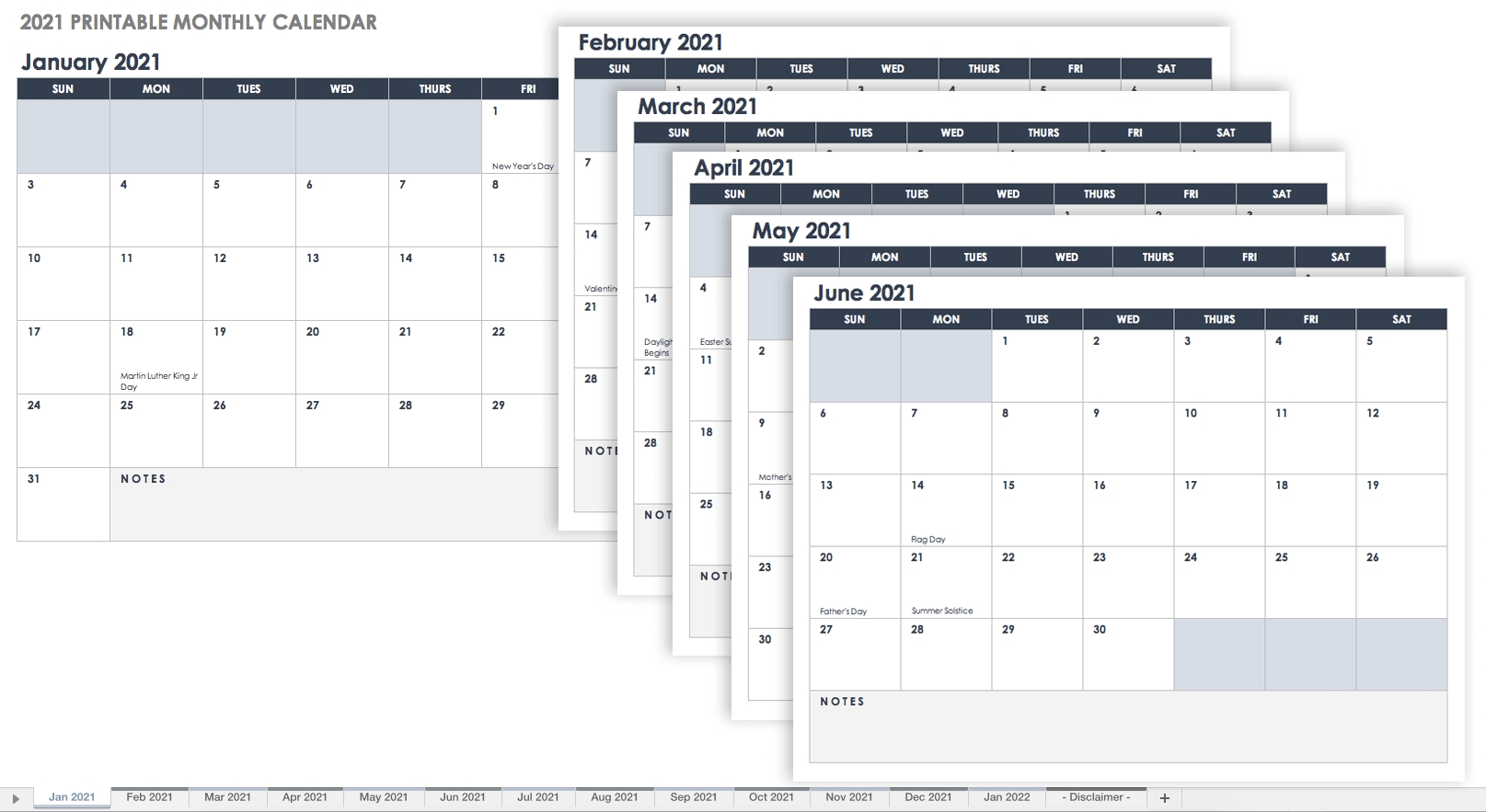 Free Excel Calendar Templates-2021 Full Calendar With Spaces