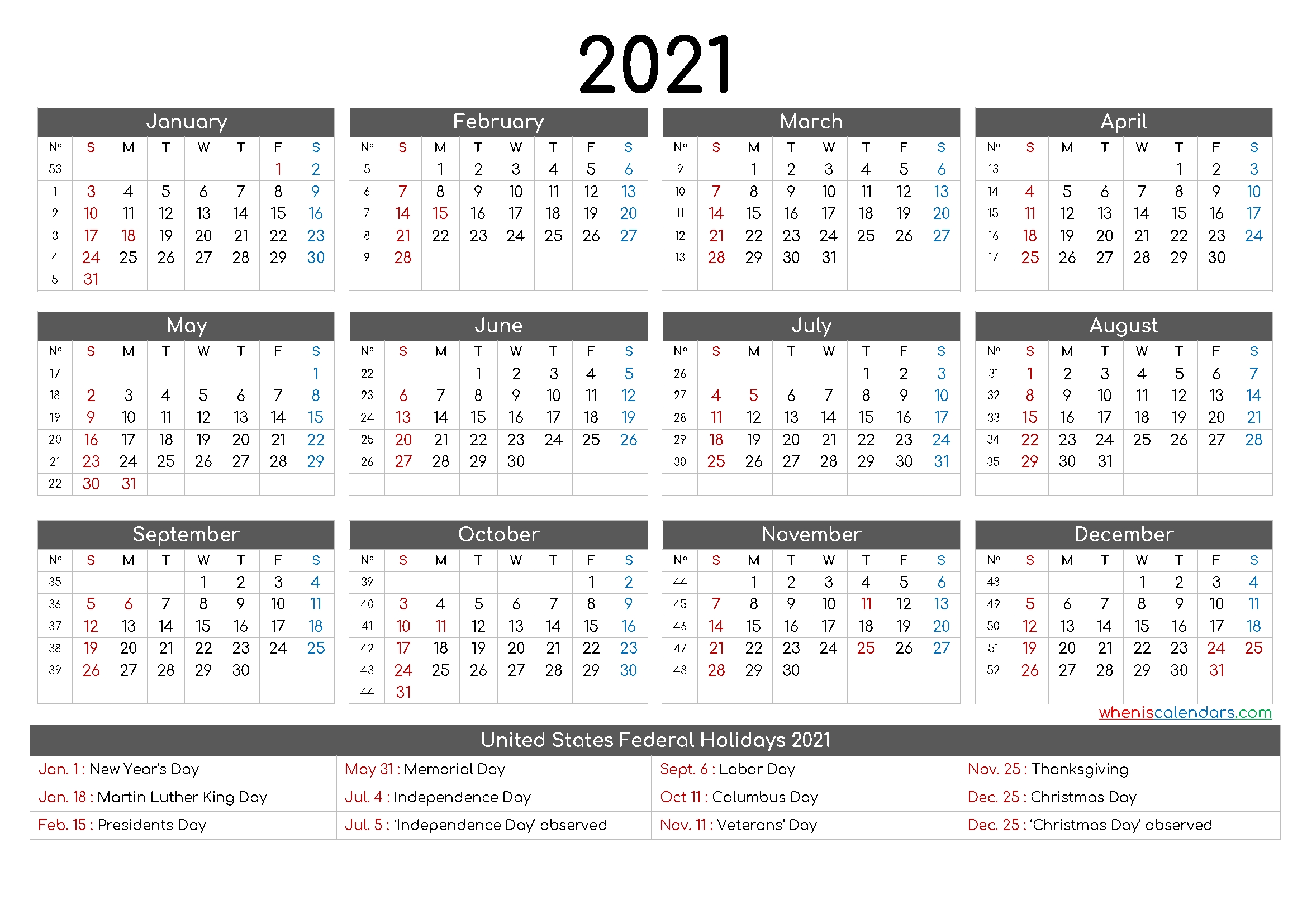 Free Printable 12 Month Calendar 2021 - 12 Templates-Printable 12 Month 2021 Calendar Template