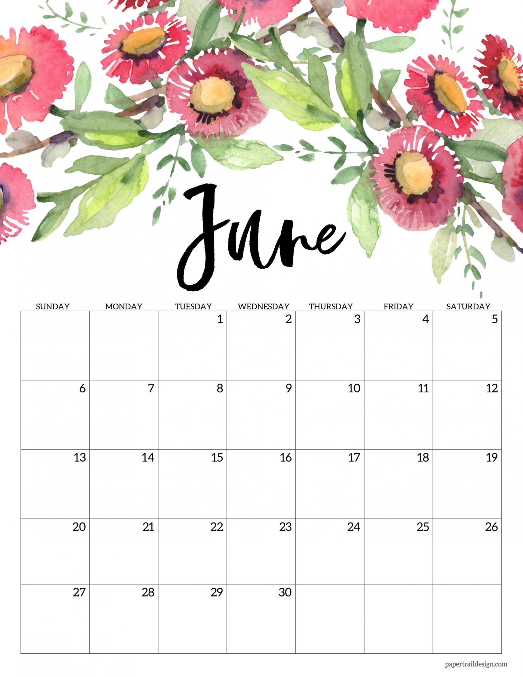 Free Printable 2021 Floral Calendar | Paper Trail Design-June Calendar 2021 Printable