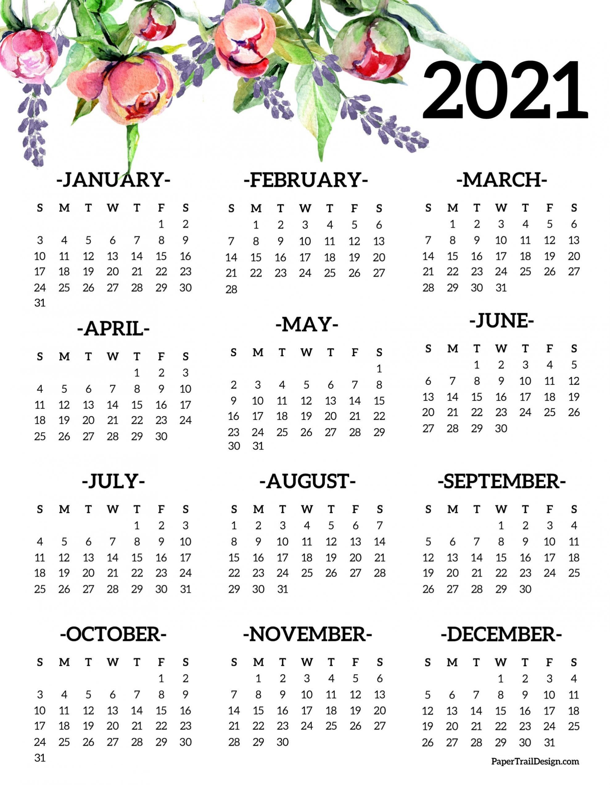 Free Printable 2021 One Page Floral Calendar | Paper Trail-2021 Year Calendar Printable