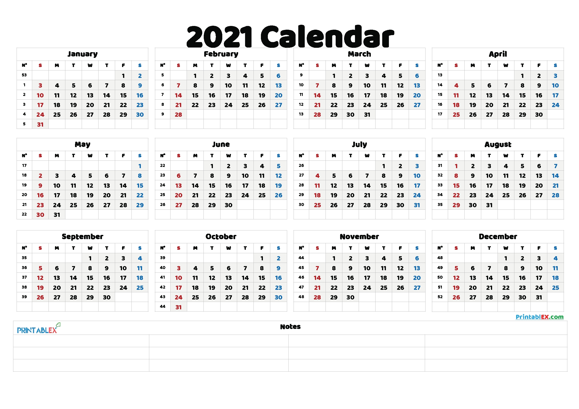 Free Printable 2021 Yearly Calendar With Week Numbers-2-Page 2021 Yearly Calendar