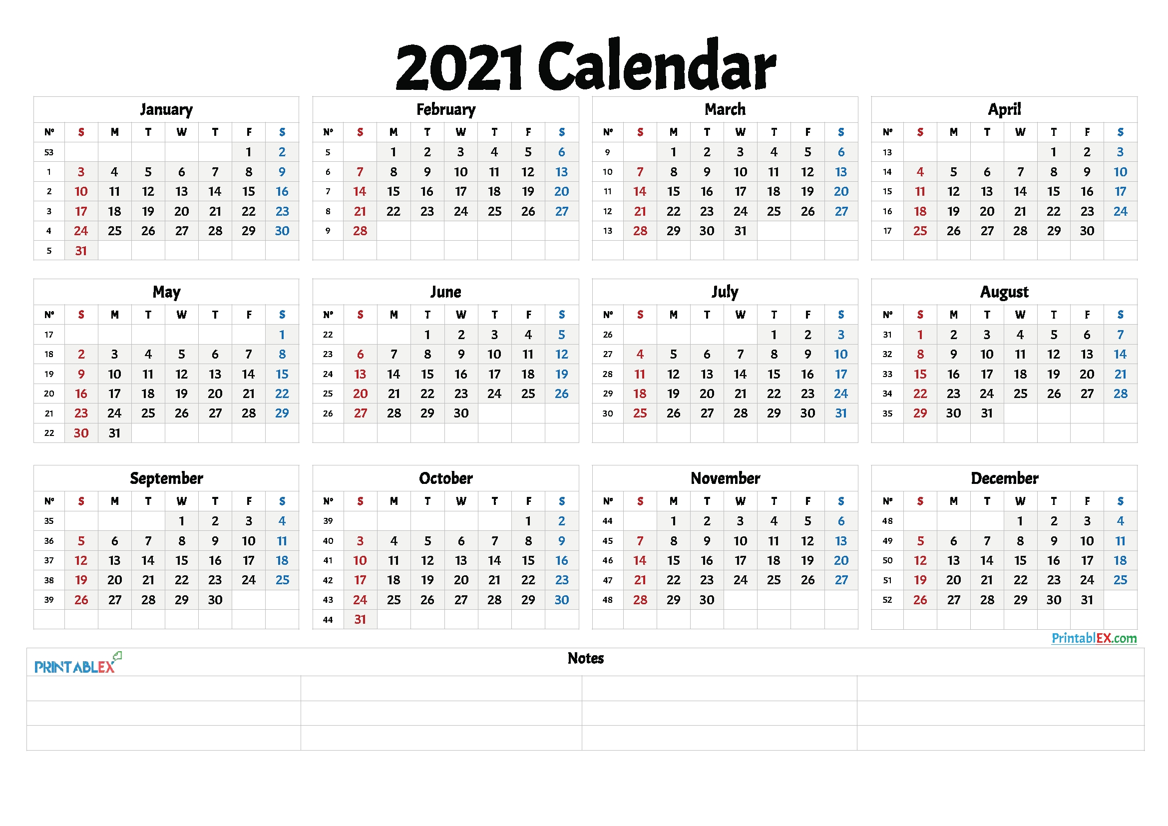 Free Printable 2021 Yearly Calendar With Week Numbers-Big Calendar 2021 Template To Fill Out
